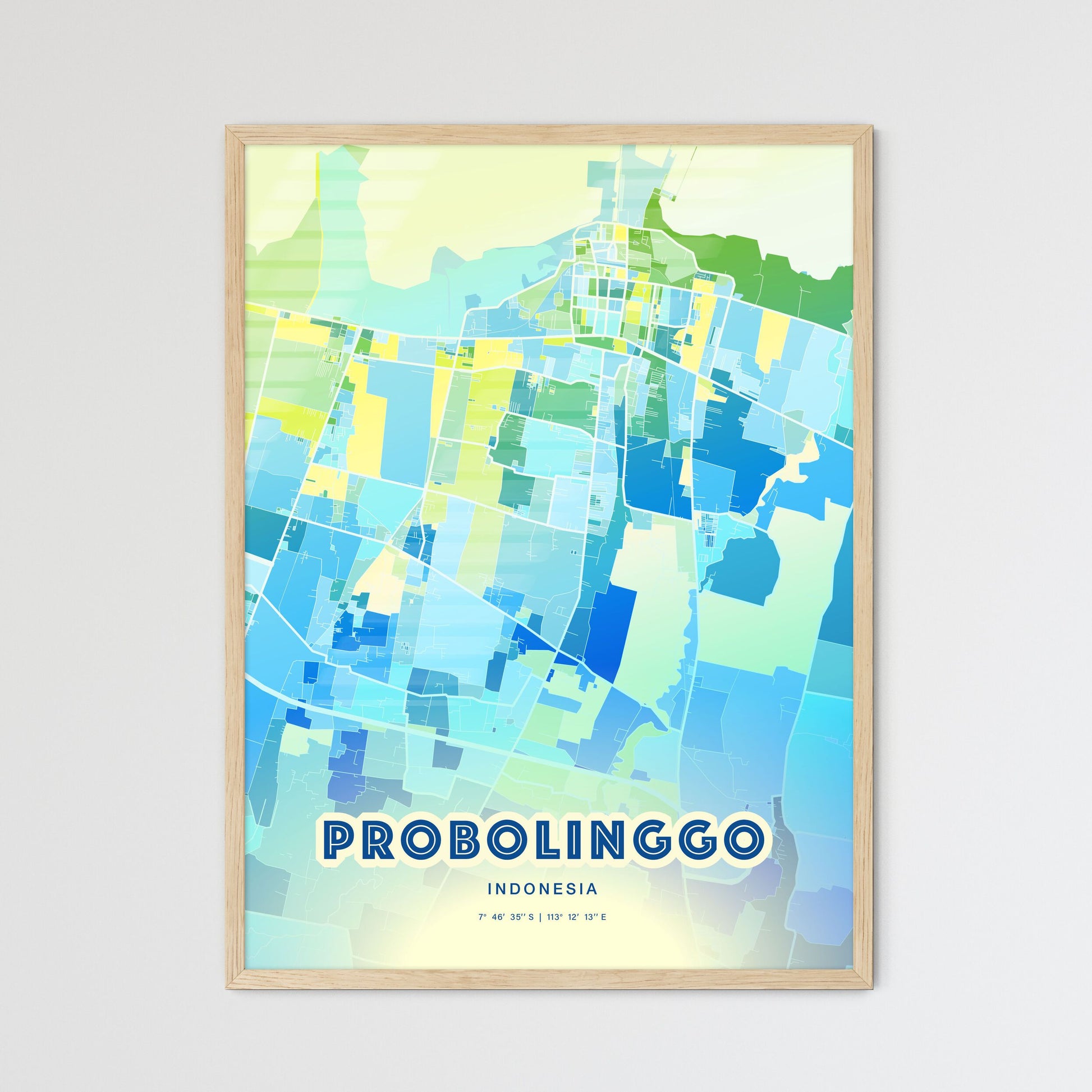 Colorful PROBOLINGGO INDONESIA Fine Art Map Cool Blue