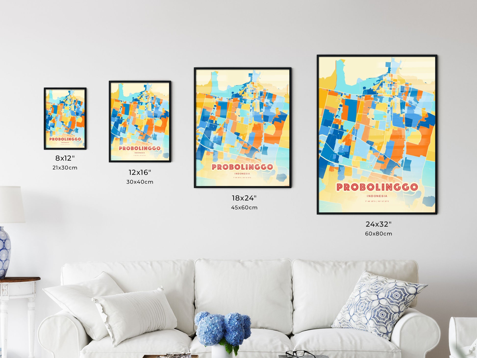 Colorful PROBOLINGGO INDONESIA Fine Art Map Blue Orange