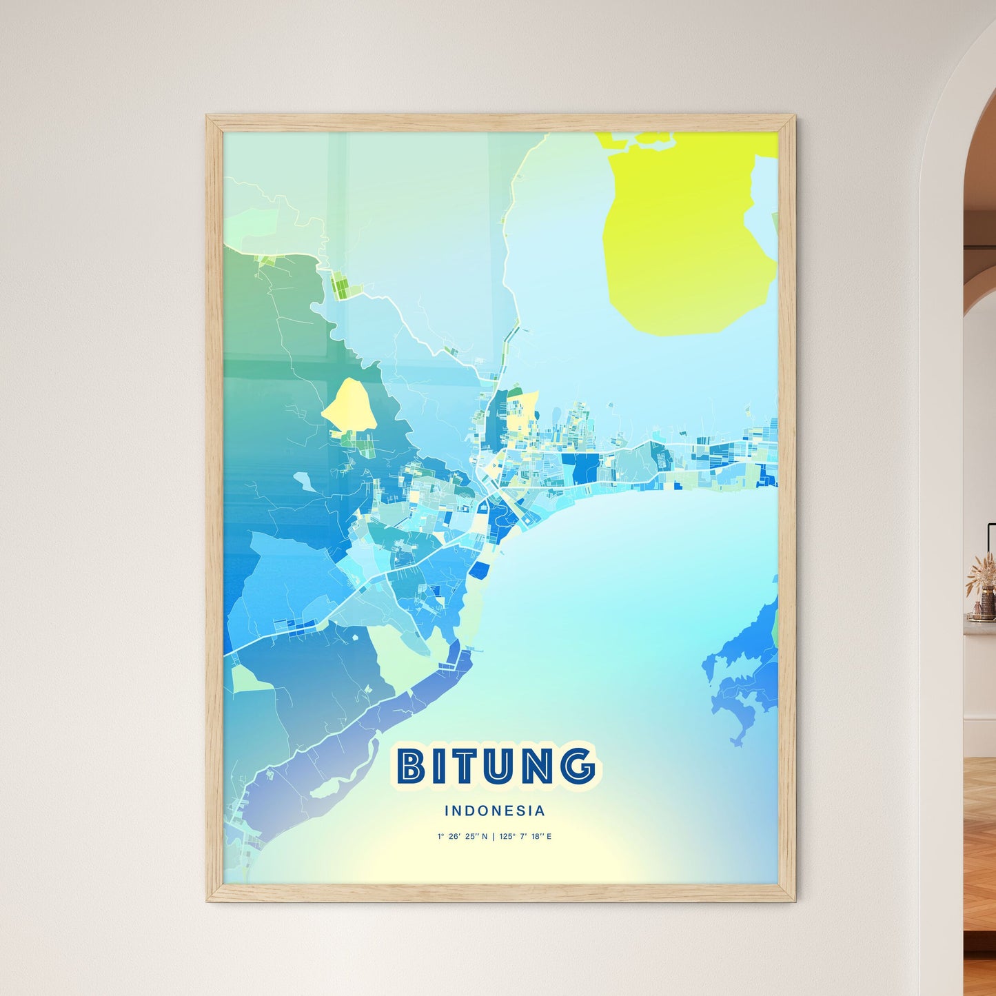 Colorful BITUNG INDONESIA Fine Art Map Cool Blue