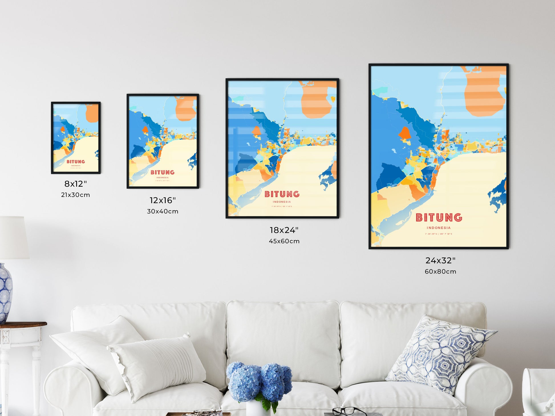 Colorful BITUNG INDONESIA Fine Art Map Blue Orange