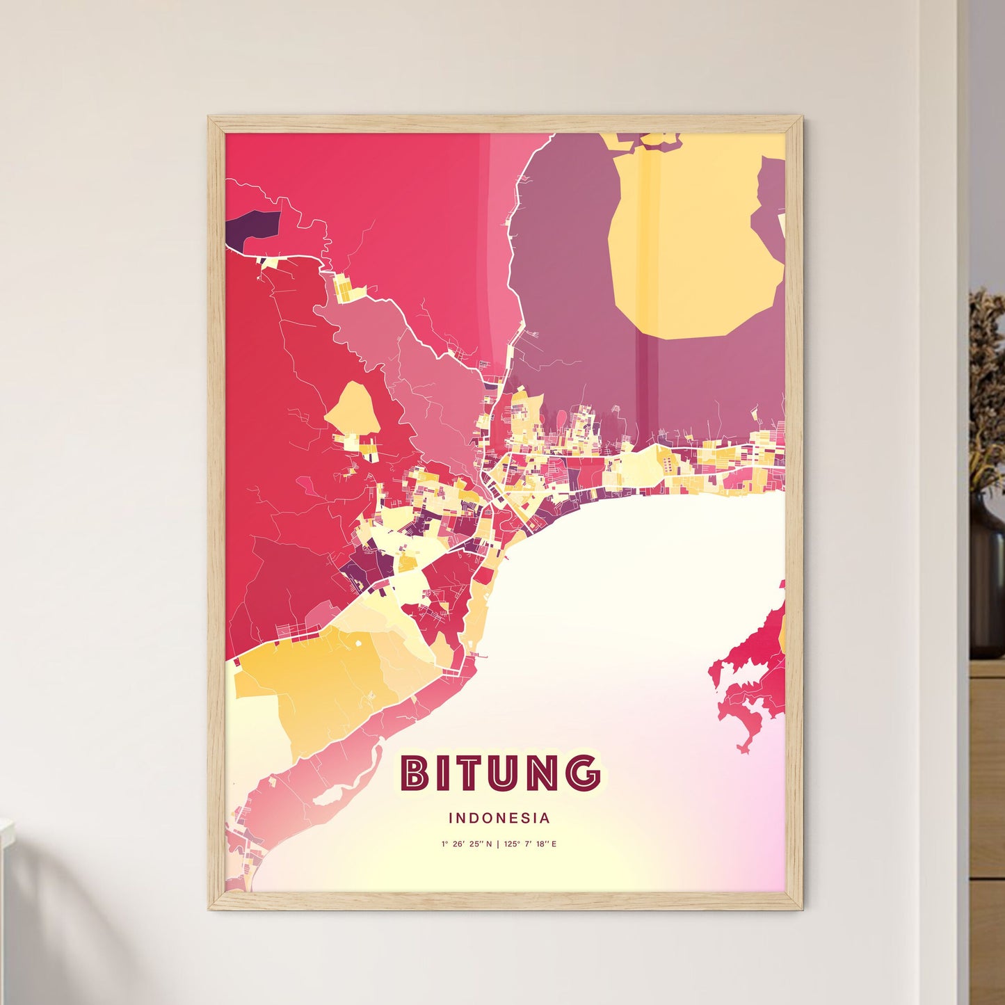 Colorful BITUNG INDONESIA Fine Art Map Hot Red