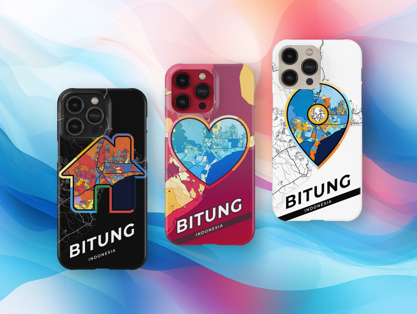 Bitung Indonesia slim phone case with colorful icon. Birthday, wedding or housewarming gift. Couple match cases.