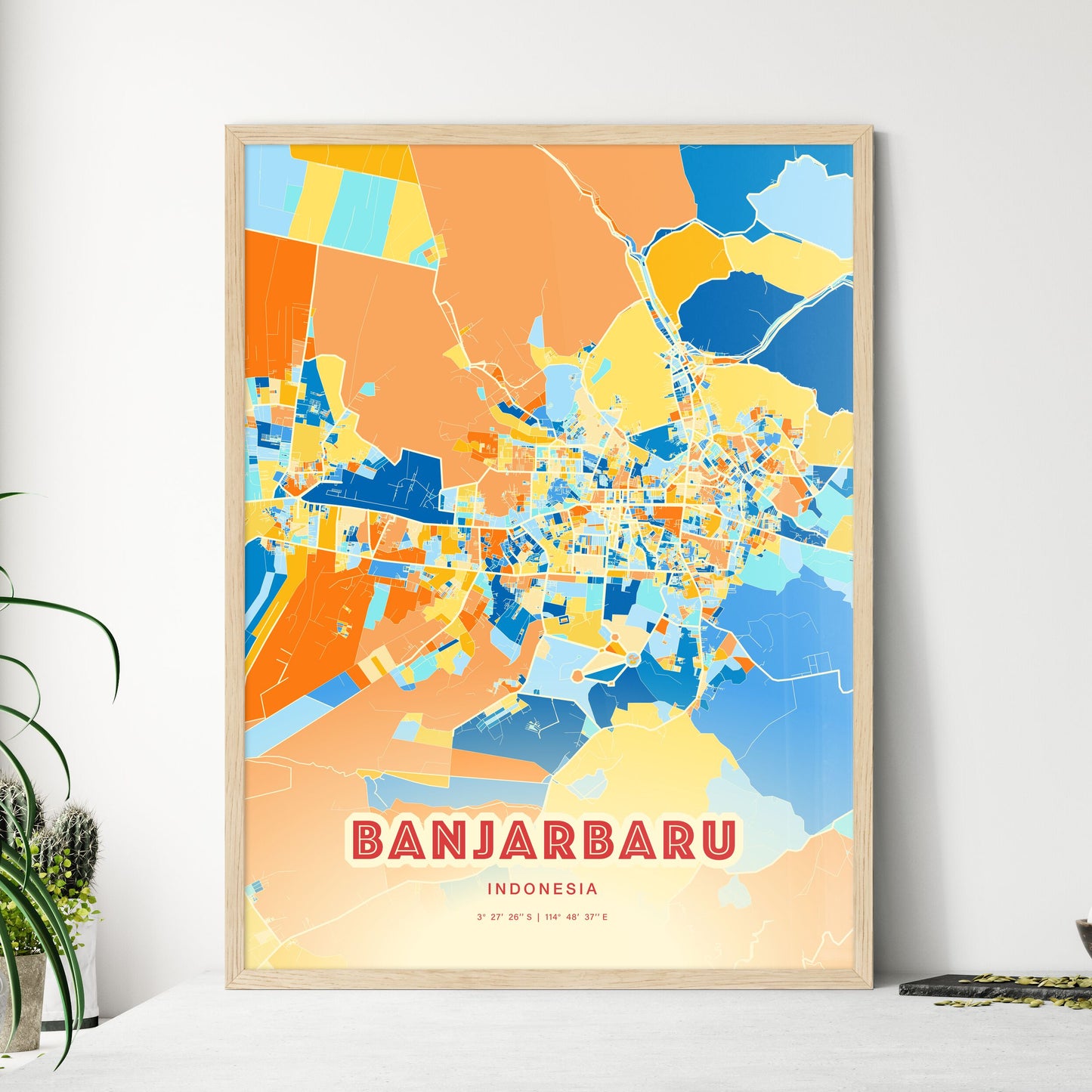 Colorful BANJARBARU INDONESIA Fine Art Map Blue Orange