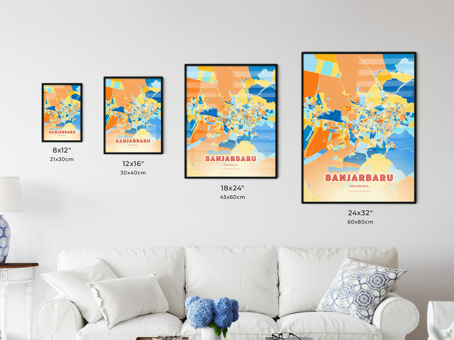 Colorful BANJARBARU INDONESIA Fine Art Map Blue Orange