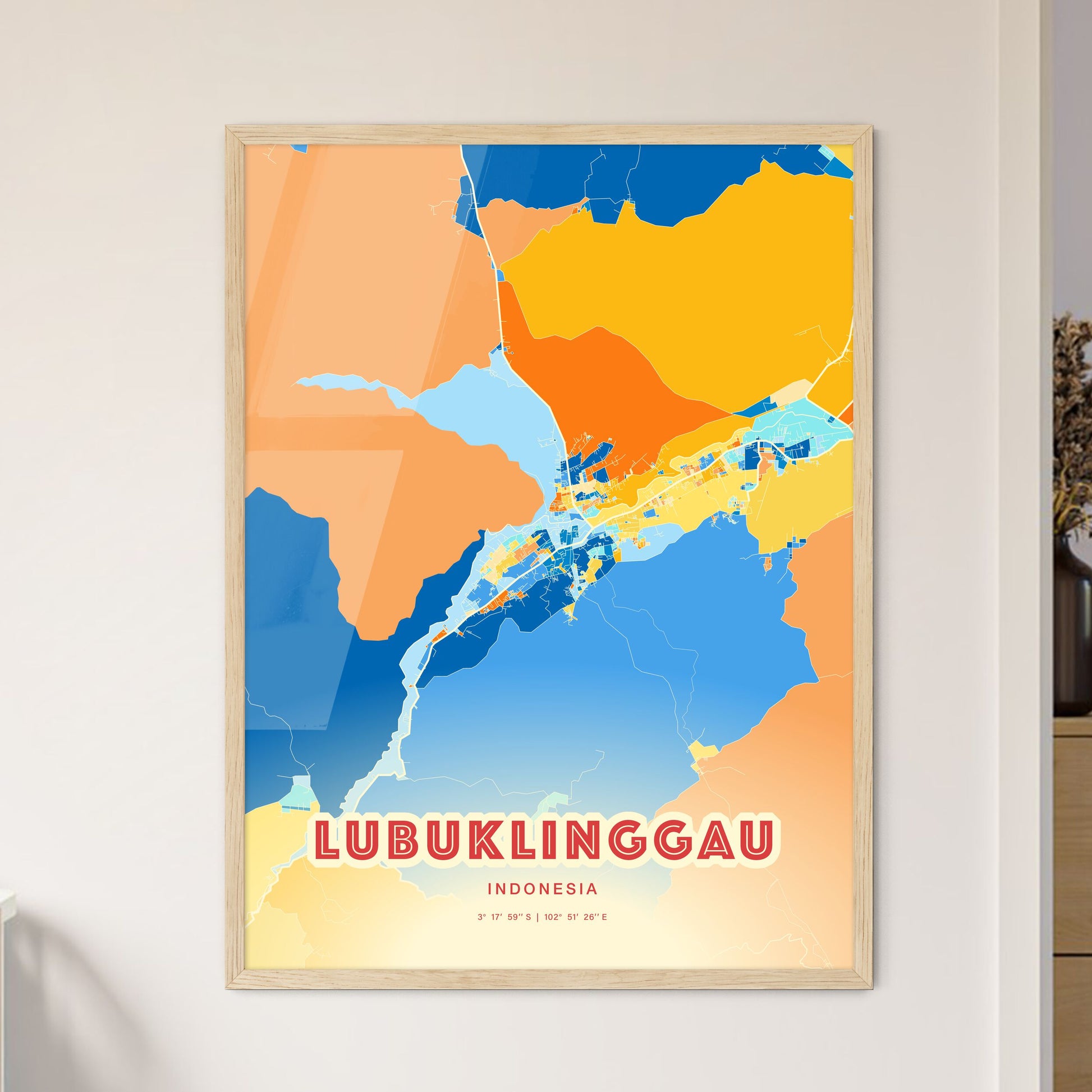 Colorful LUBUKLINGGAU INDONESIA Fine Art Map Blue Orange