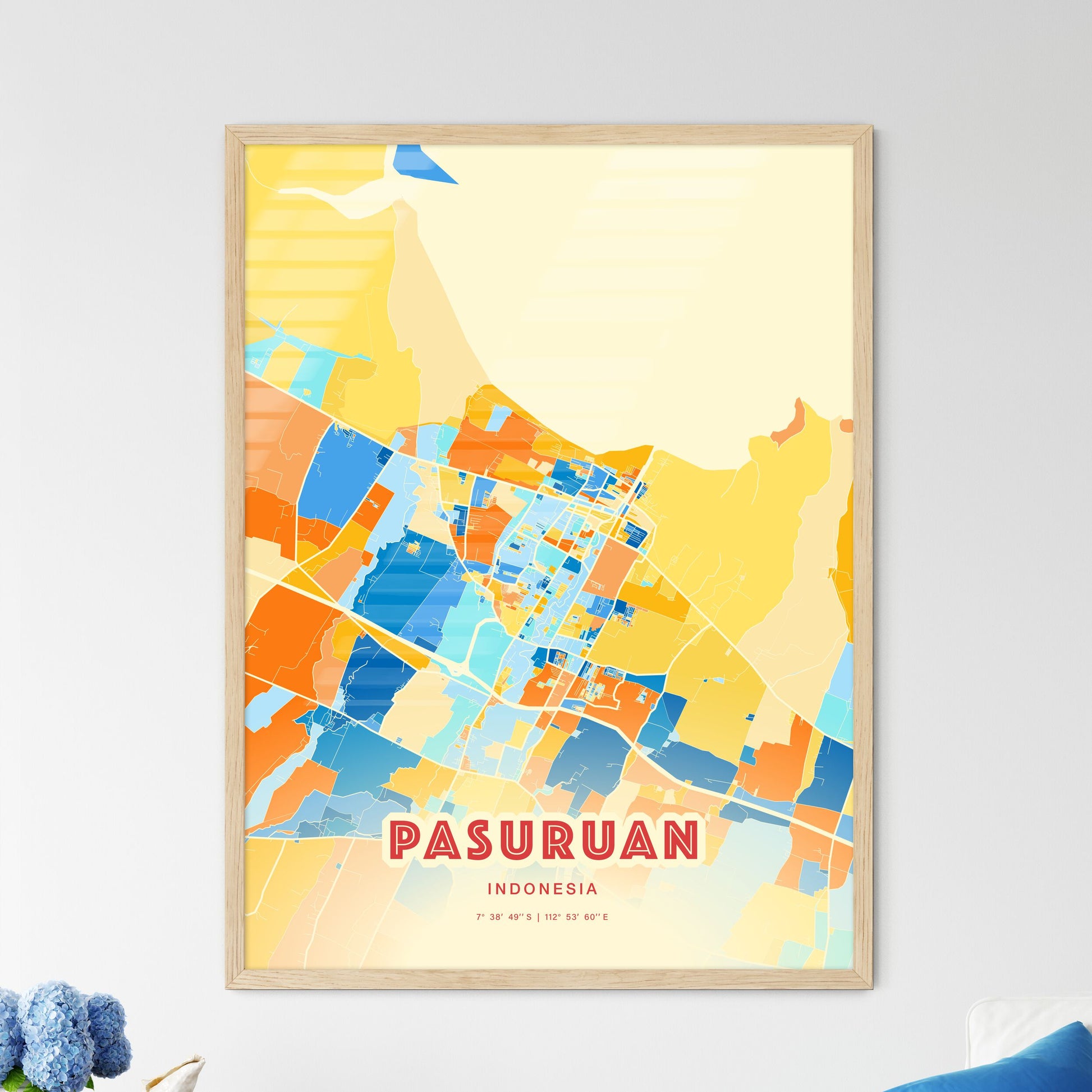 Colorful PASURUAN INDONESIA Fine Art Map Blue Orange