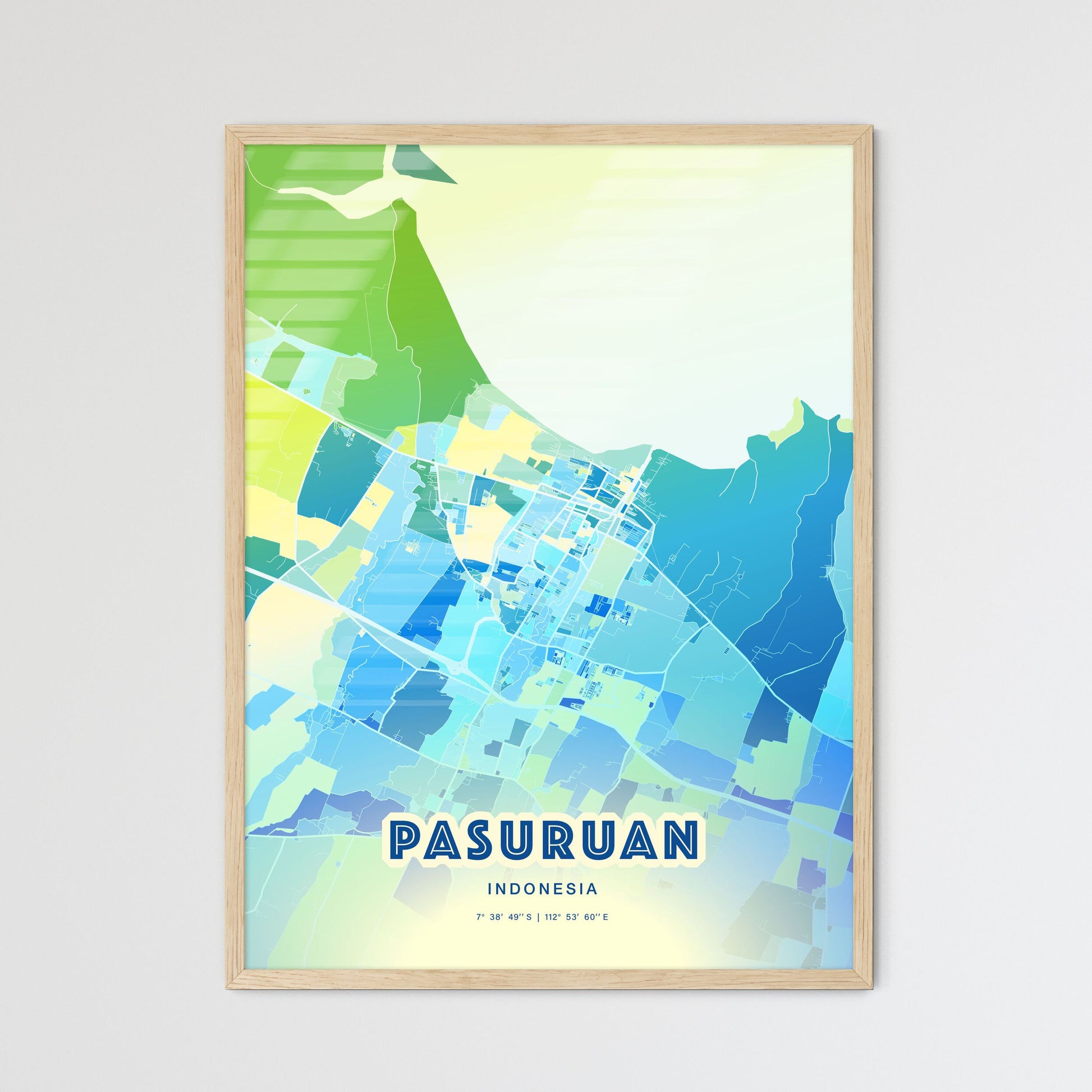 Colorful PASURUAN INDONESIA Fine Art Map Cool Blue