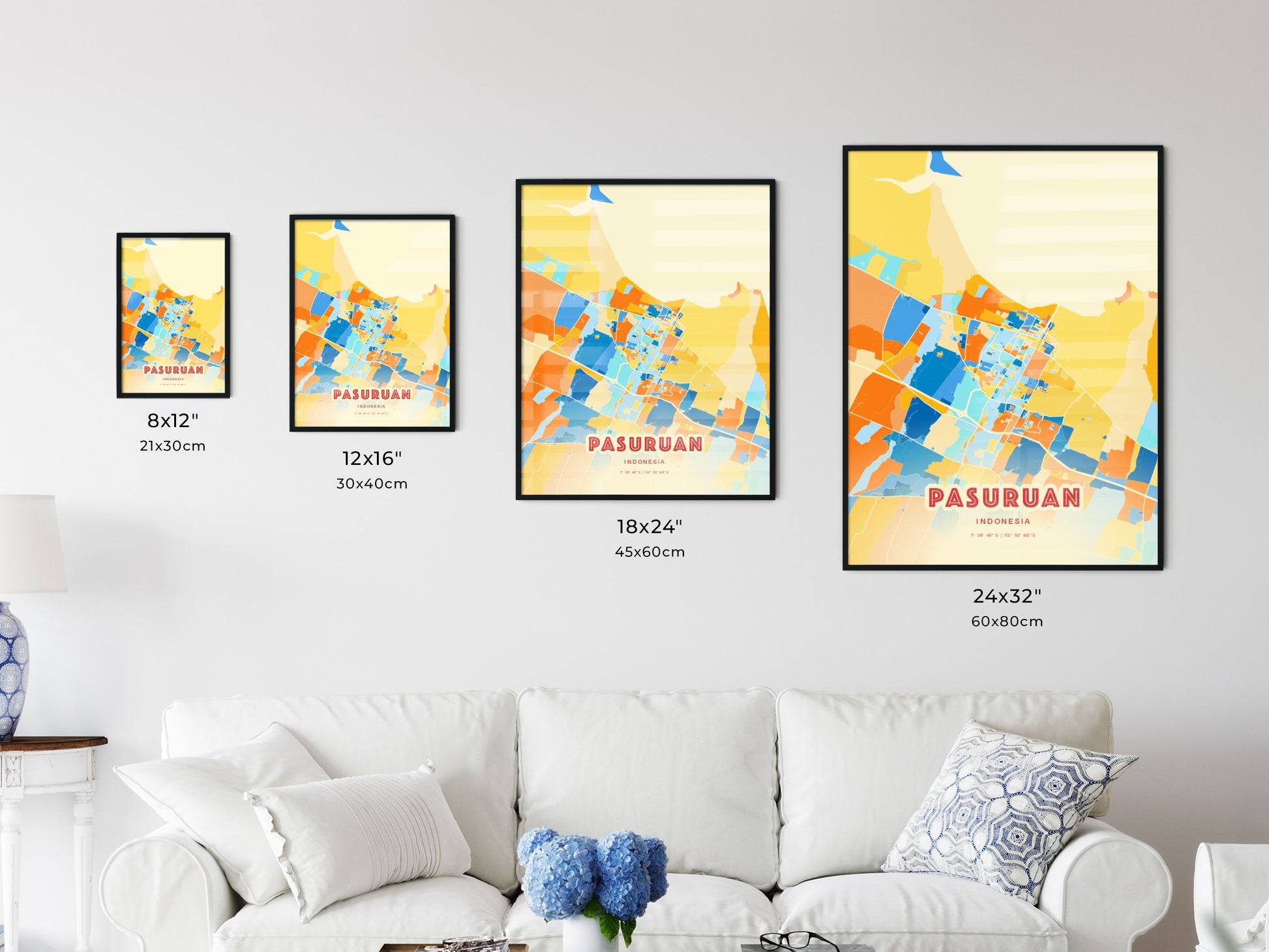 Colorful PASURUAN INDONESIA Fine Art Map Blue Orange