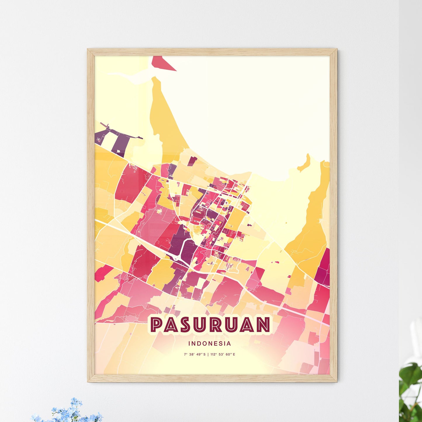 Colorful PASURUAN INDONESIA Fine Art Map Hot Red