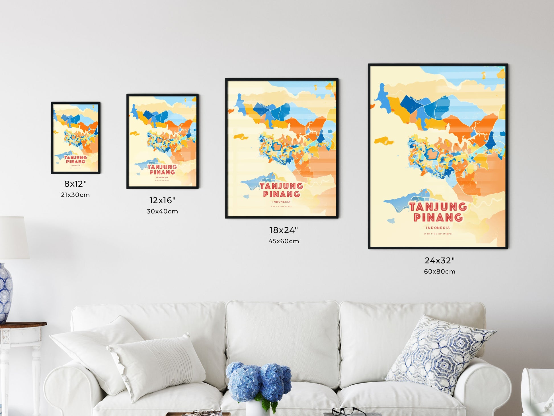 Colorful TANJUNG PINANG INDONESIA Fine Art Map Blue Orange