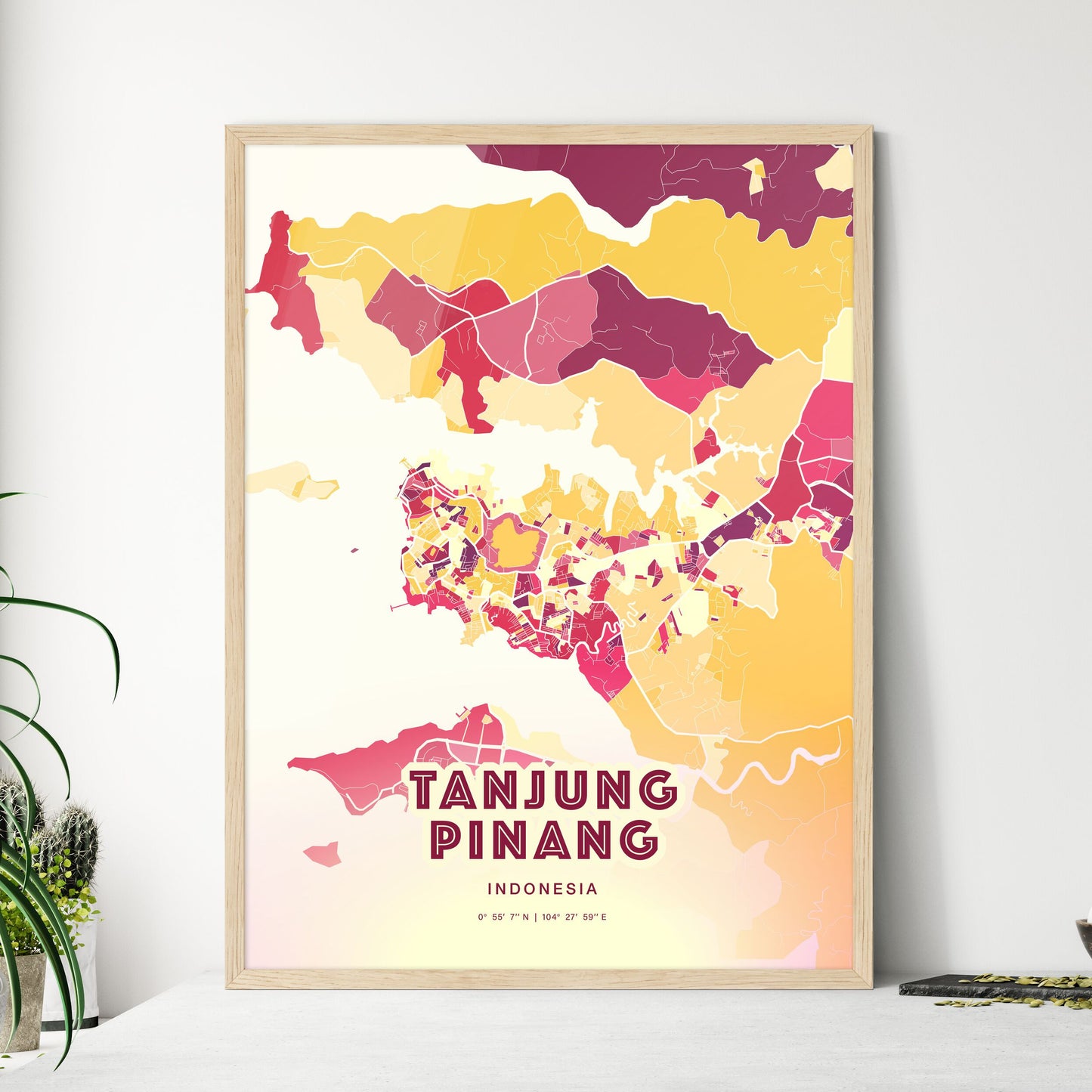 Colorful TANJUNG PINANG INDONESIA Fine Art Map Hot Red