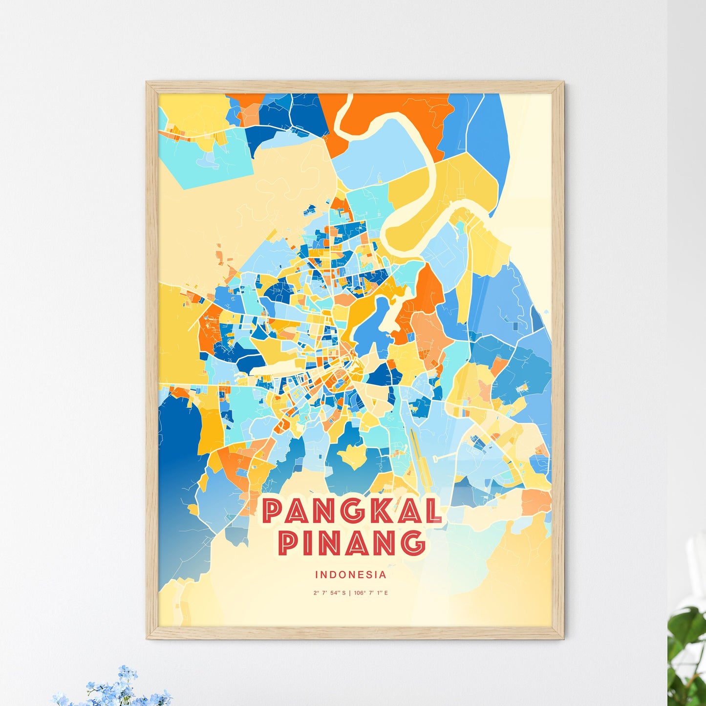 Colorful PANGKAL PINANG INDONESIA Fine Art Map Blue Orange