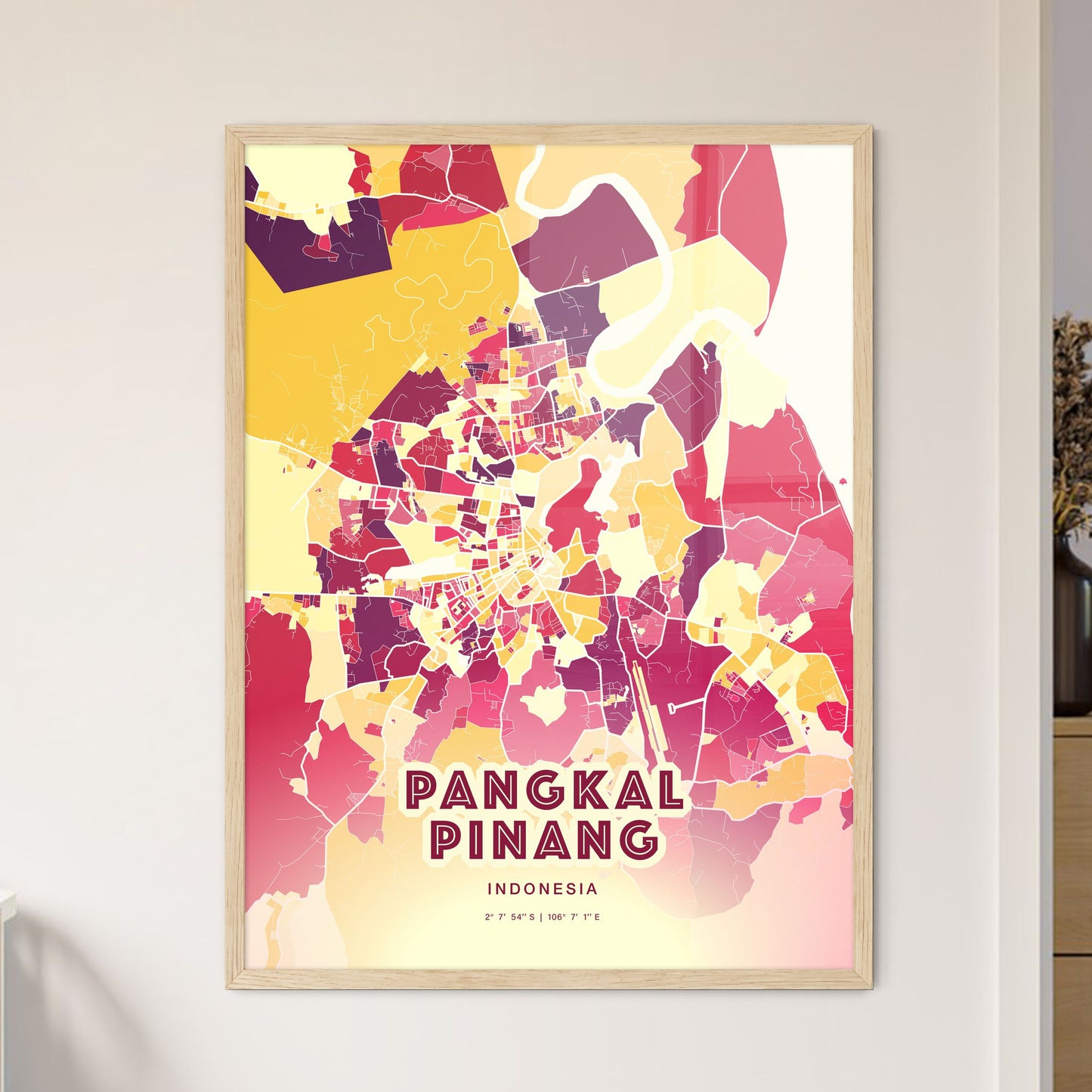 Colorful PANGKAL PINANG INDONESIA Fine Art Map Hot Red