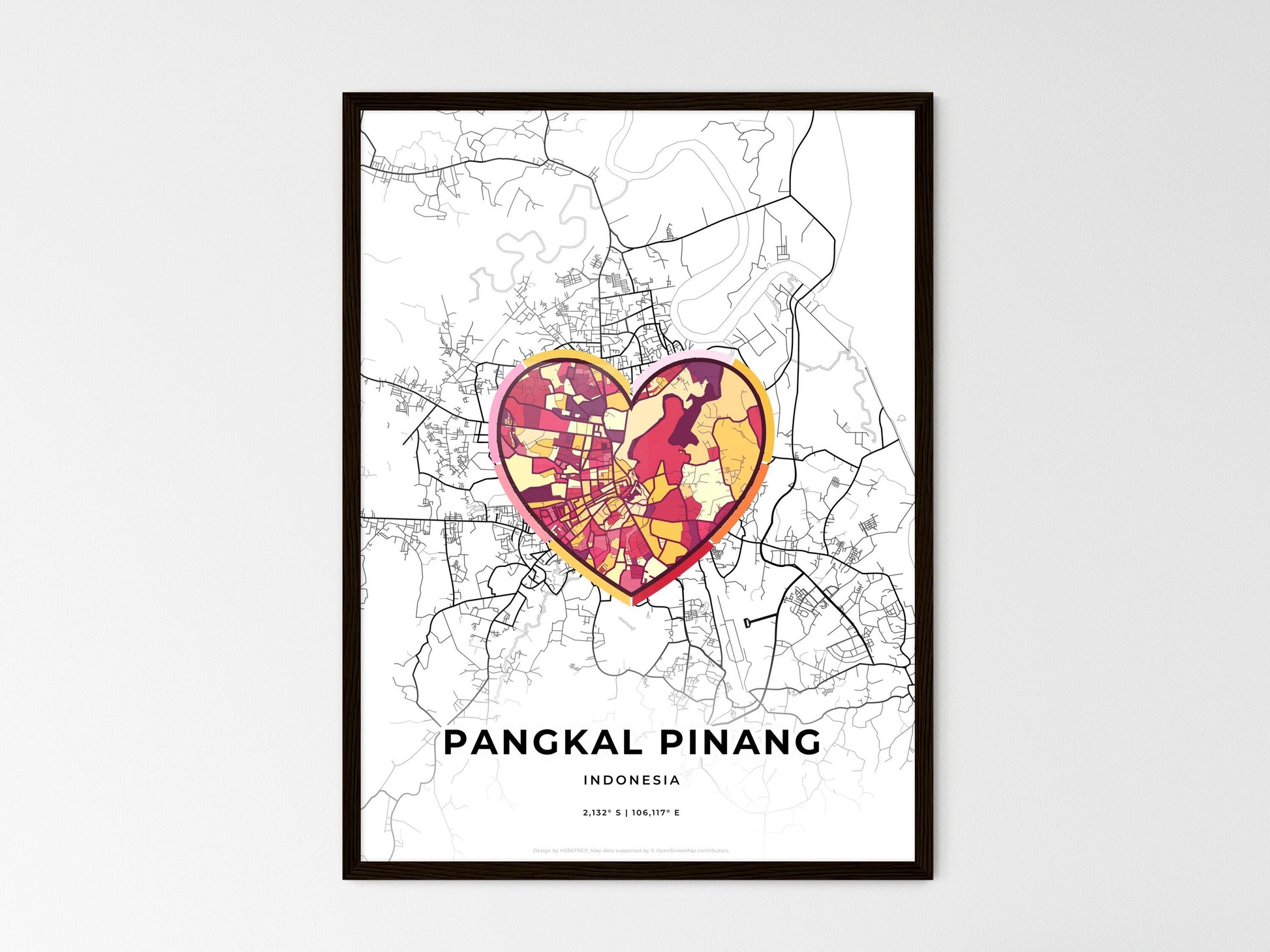 Pangkal Pinang Indonesia wedding art map with heart icon