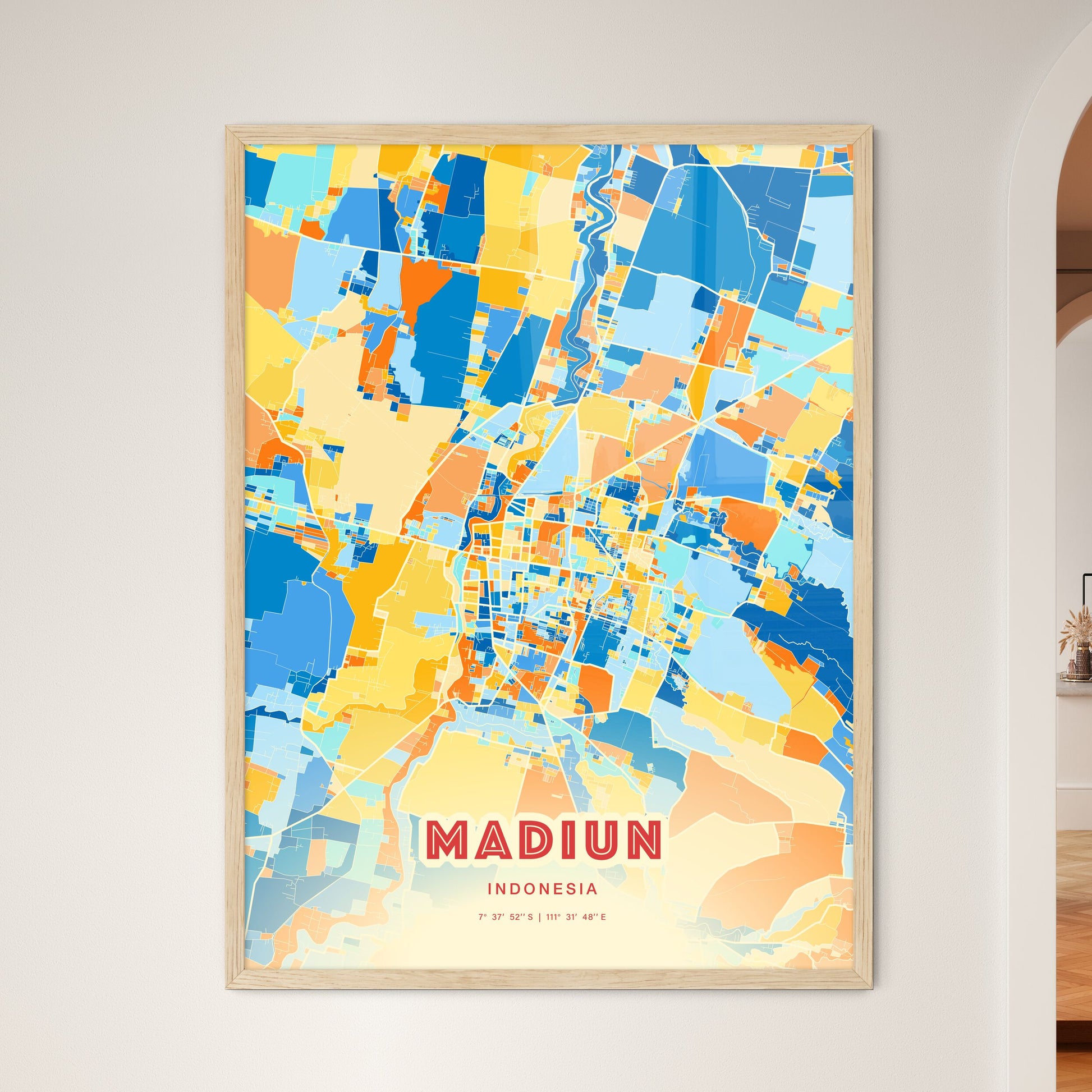 Colorful MADIUN INDONESIA Fine Art Map Blue Orange