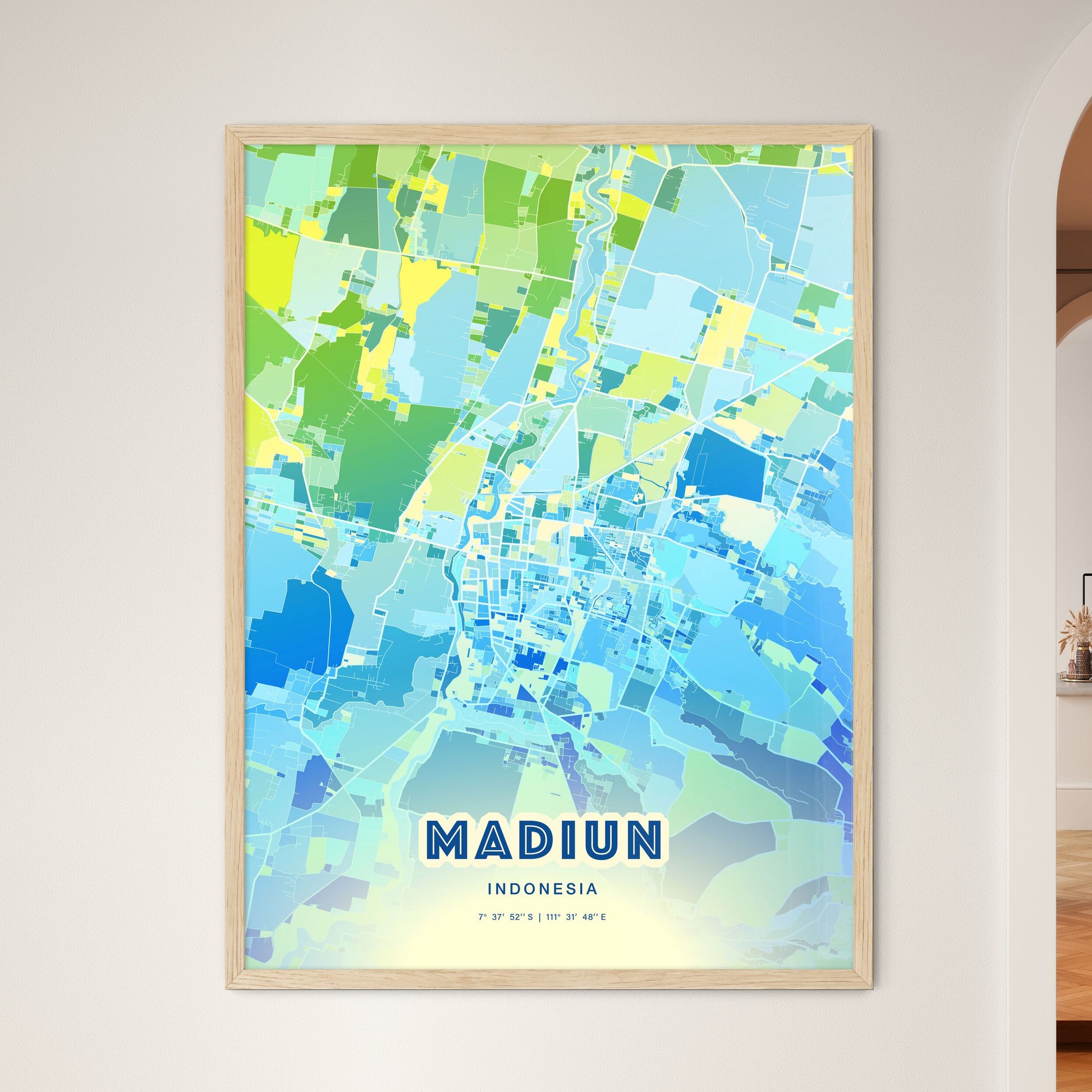 Colorful MADIUN INDONESIA Fine Art Map Cool Blue