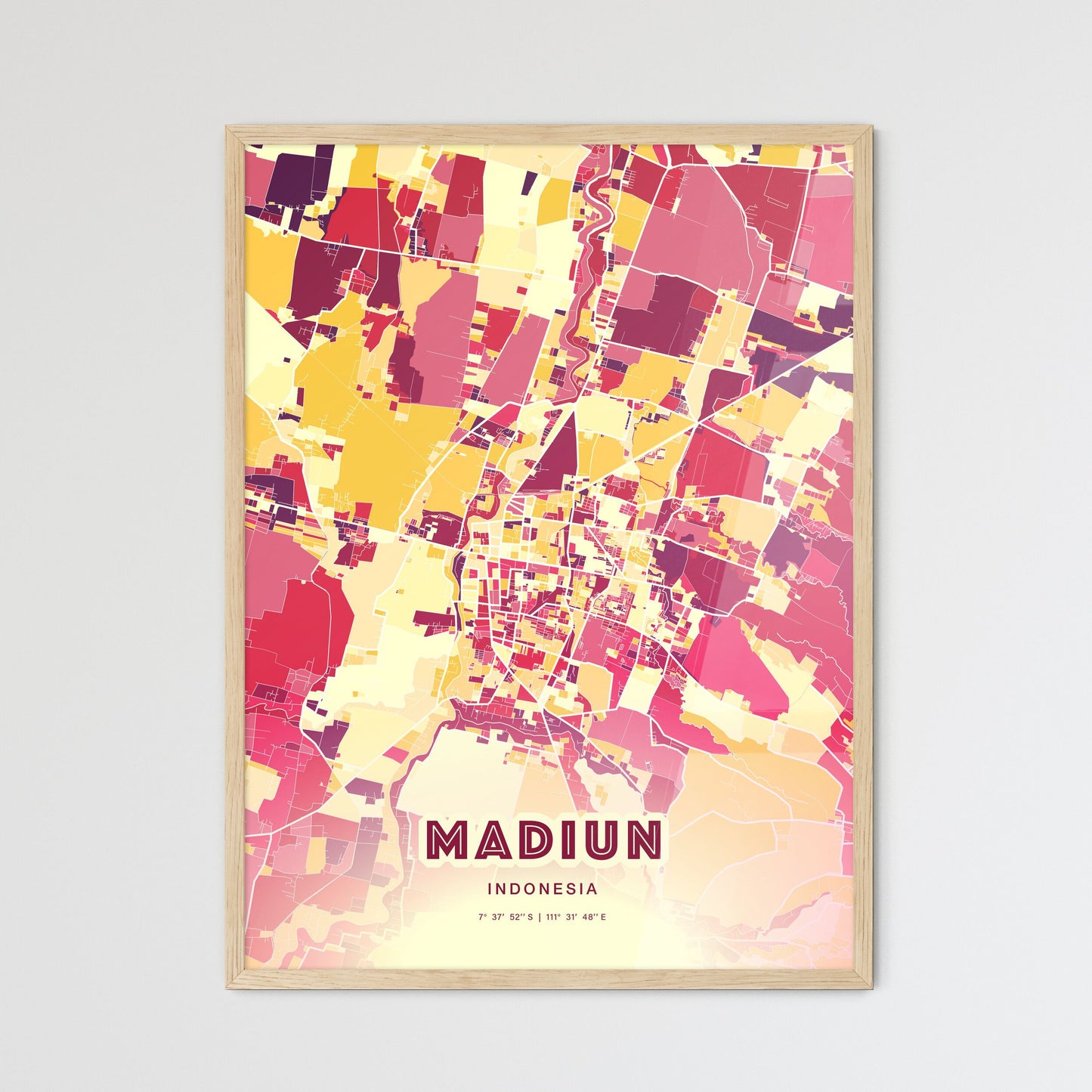 Colorful MADIUN INDONESIA Fine Art Map Hot Red