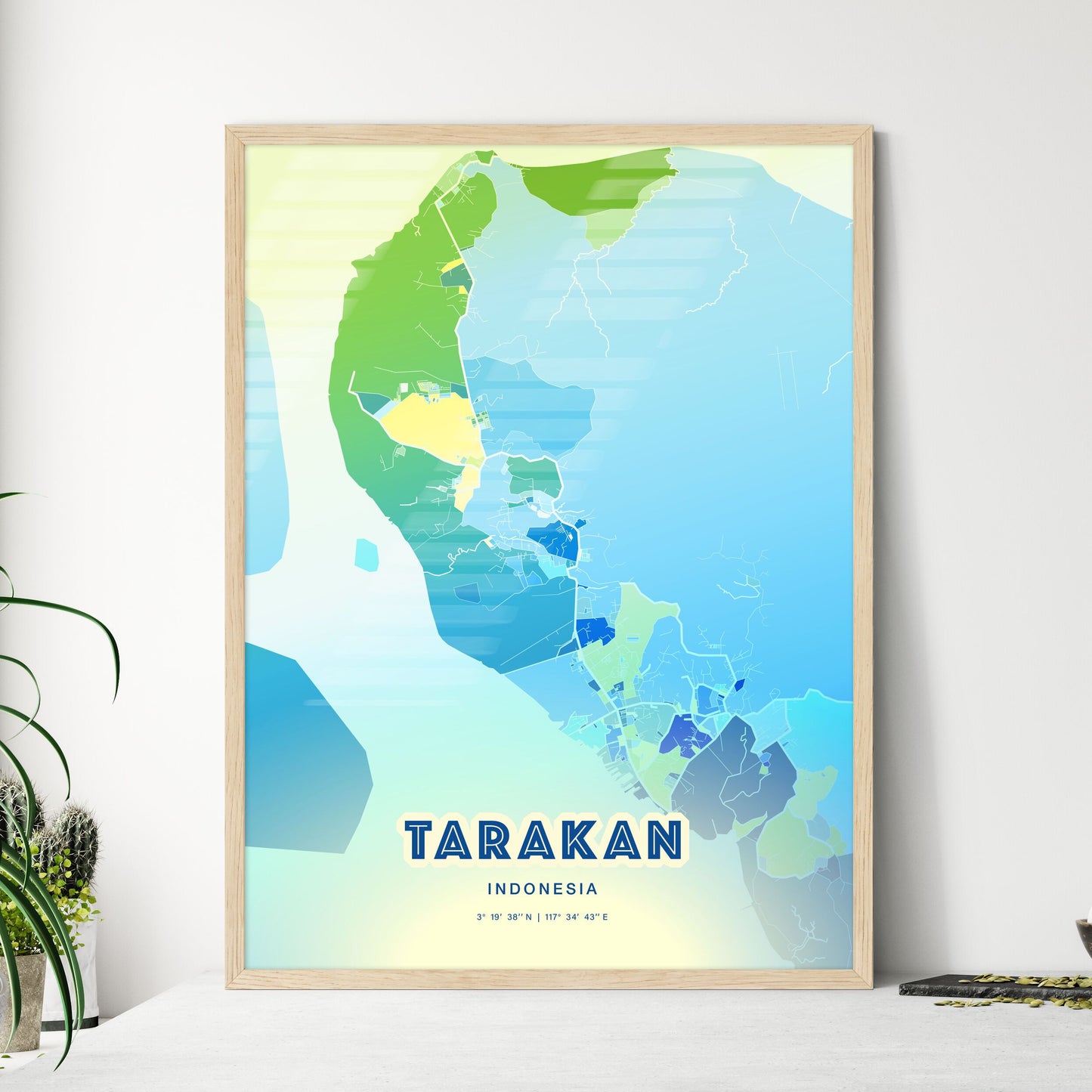 Colorful TARAKAN INDONESIA Fine Art Map Cool Blue