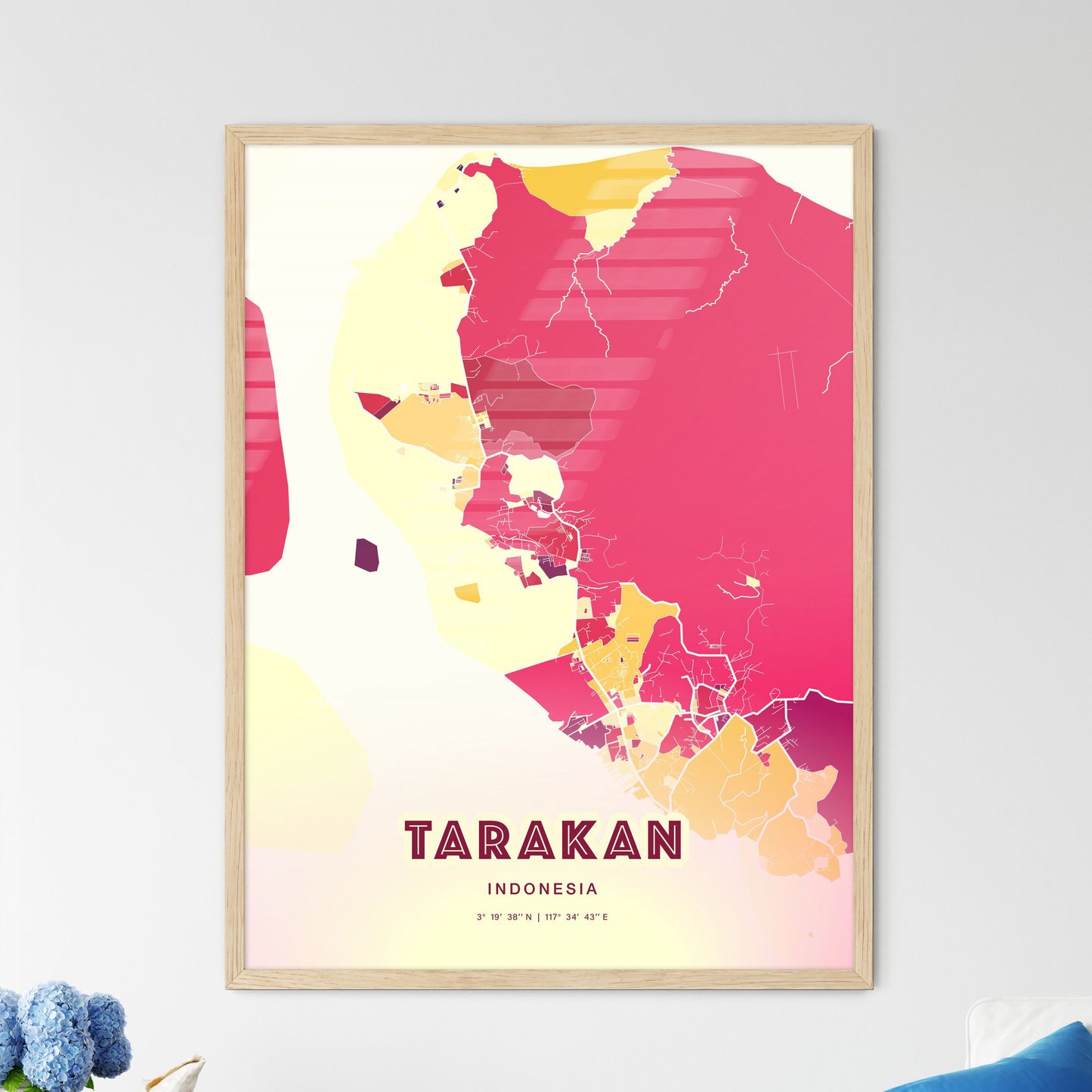 Colorful TARAKAN INDONESIA Fine Art Map Hot Red