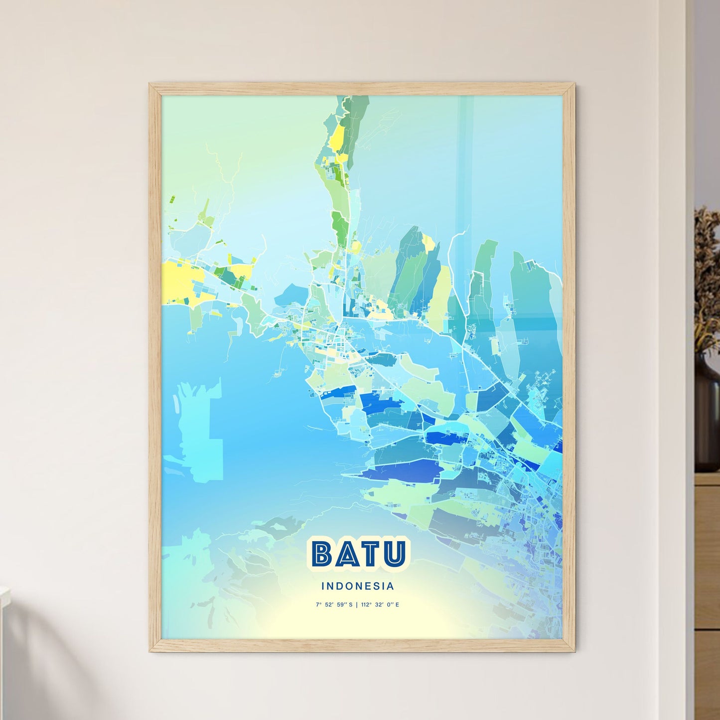 Colorful BATU INDONESIA Fine Art Map Cool Blue