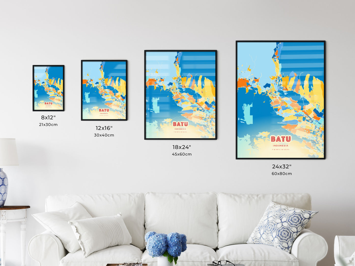 Colorful BATU INDONESIA Fine Art Map Blue Orange