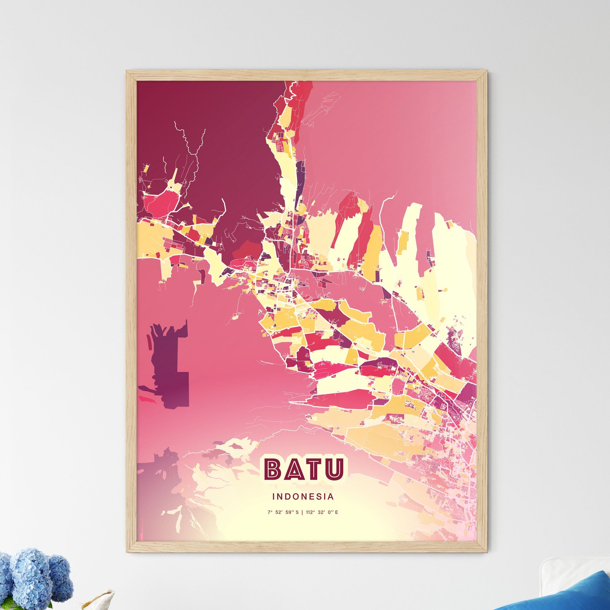 Colorful BATU INDONESIA Fine Art Map Hot Red