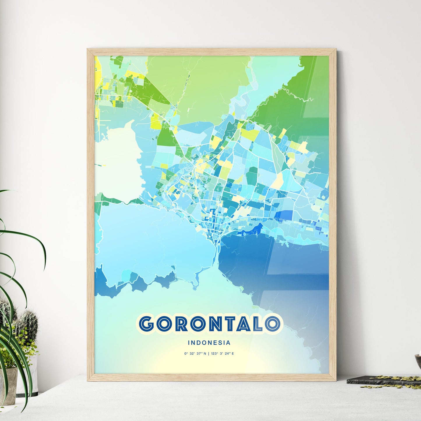 Colorful GORONTALO INDONESIA Fine Art Map Cool Blue