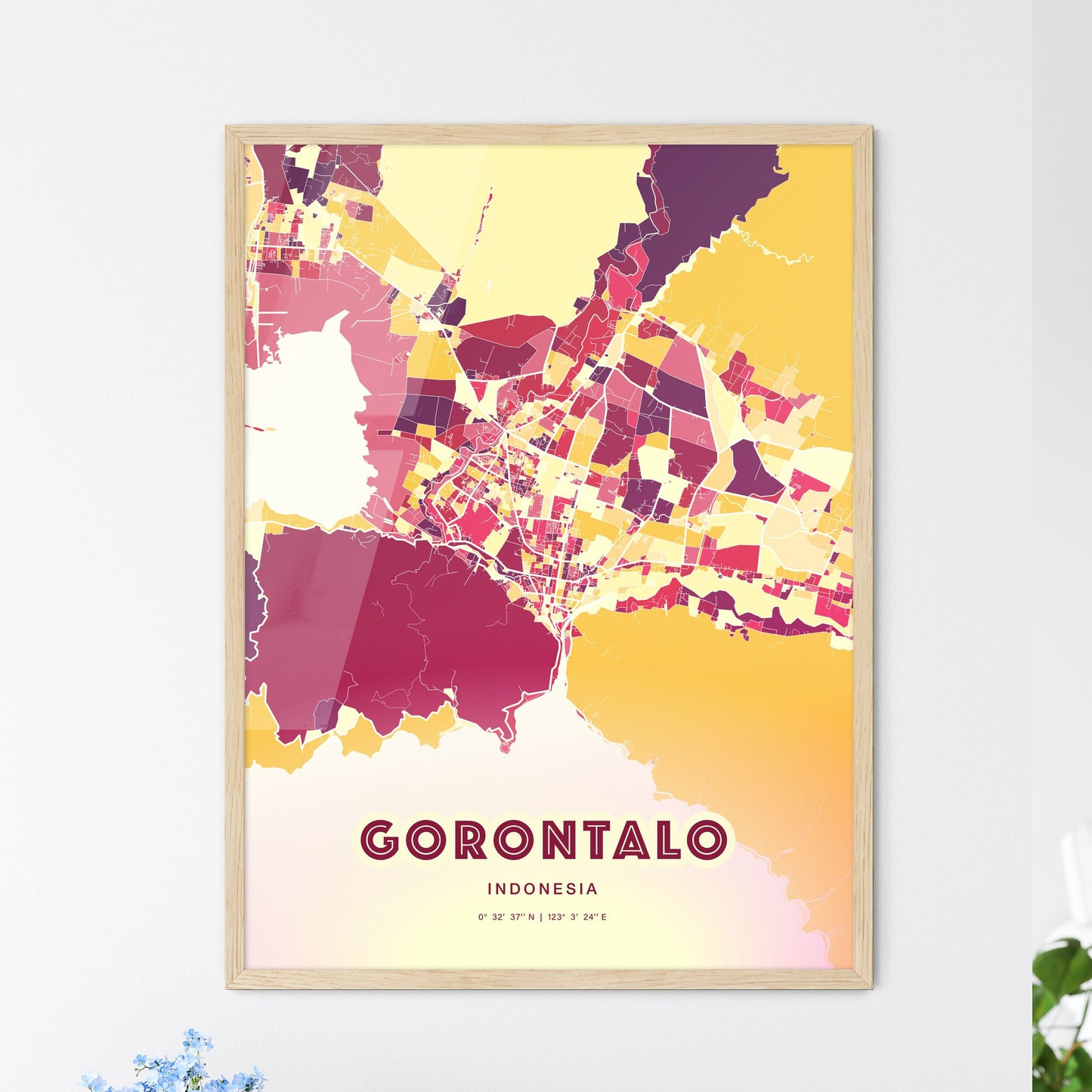 Colorful GORONTALO INDONESIA Fine Art Map Hot Red