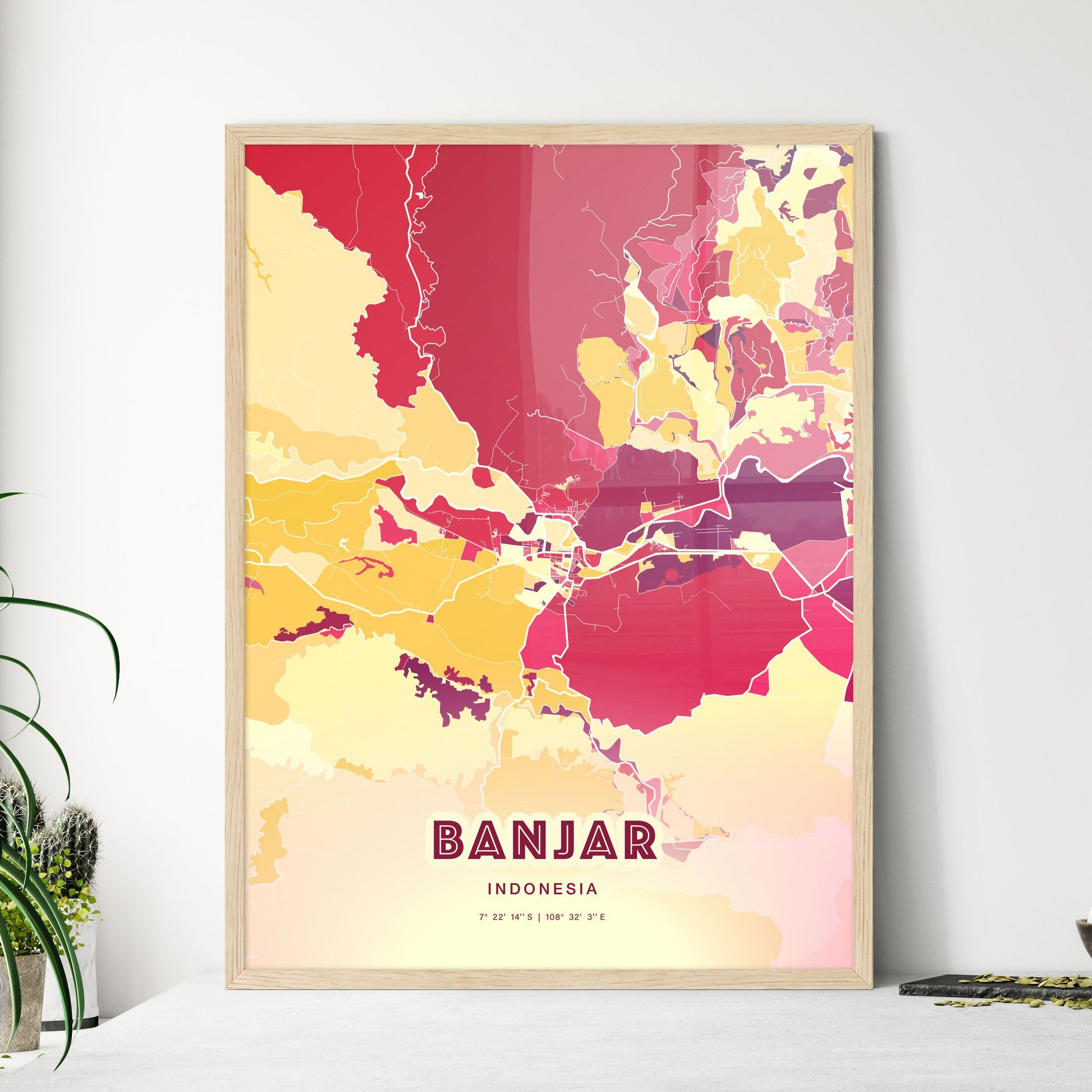 Colorful BANJAR INDONESIA Fine Art Map Hot Red