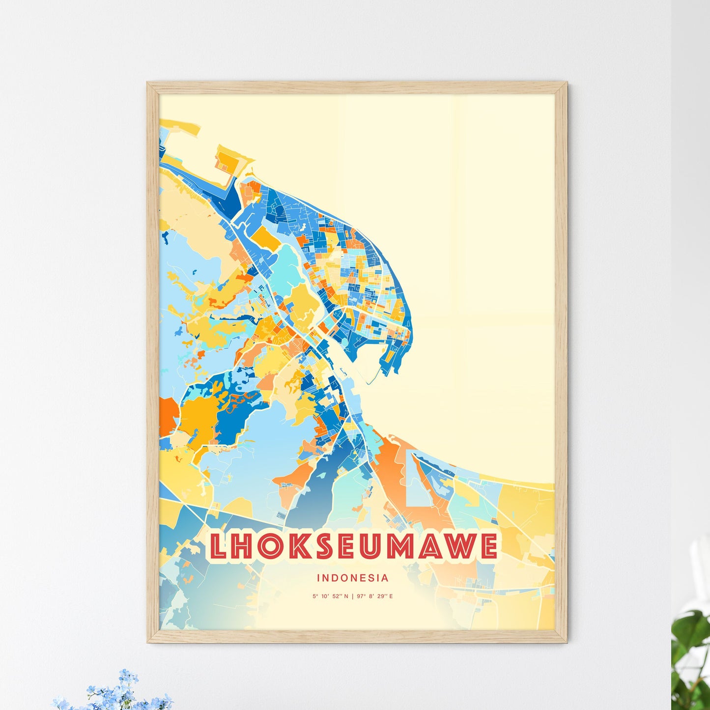 Colorful LHOKSEUMAWE INDONESIA Fine Art Map Blue Orange