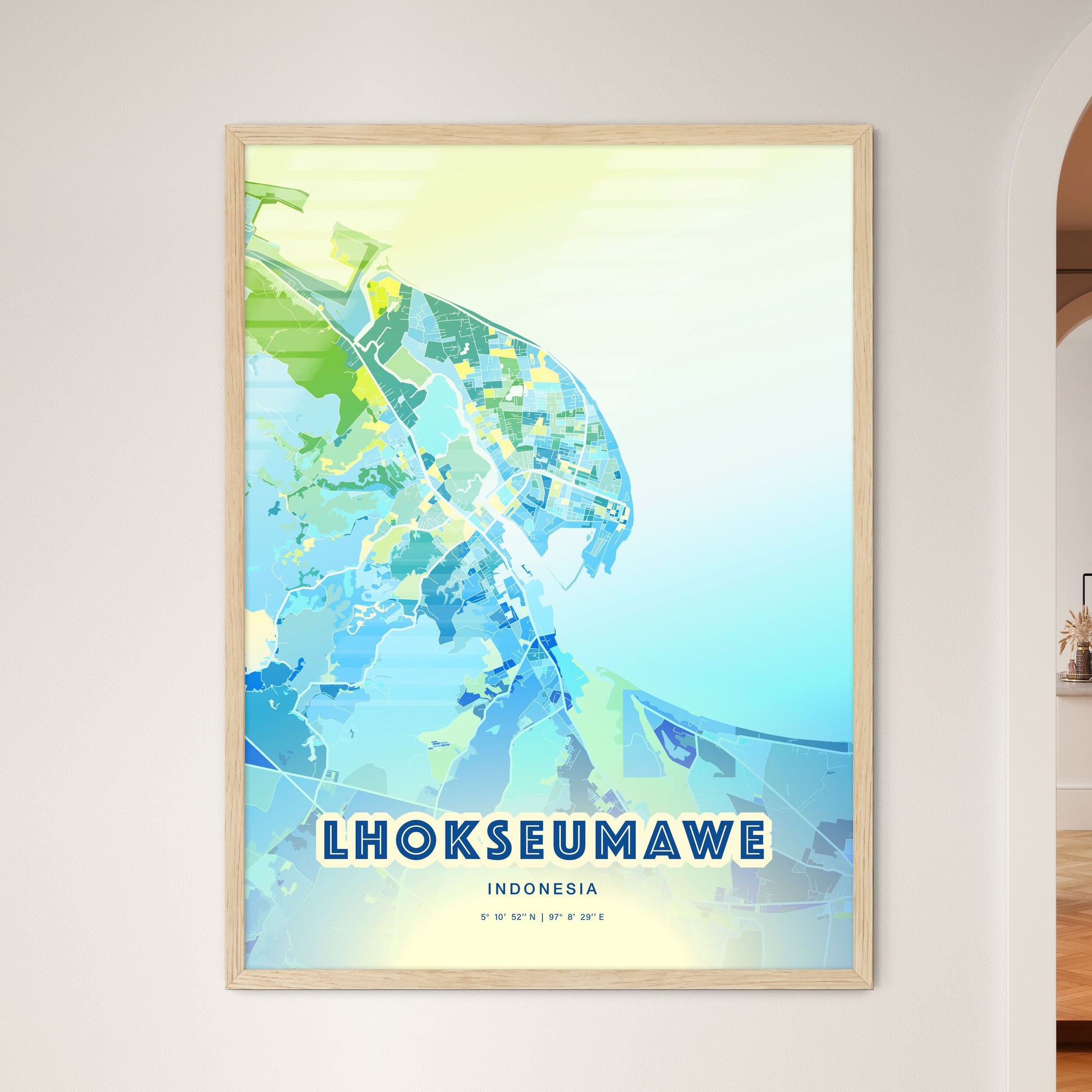 Colorful LHOKSEUMAWE INDONESIA Fine Art Map Cool Blue