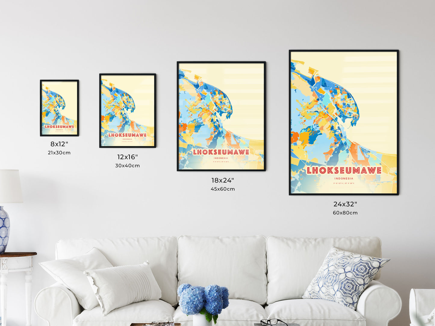 Colorful LHOKSEUMAWE INDONESIA Fine Art Map Blue Orange