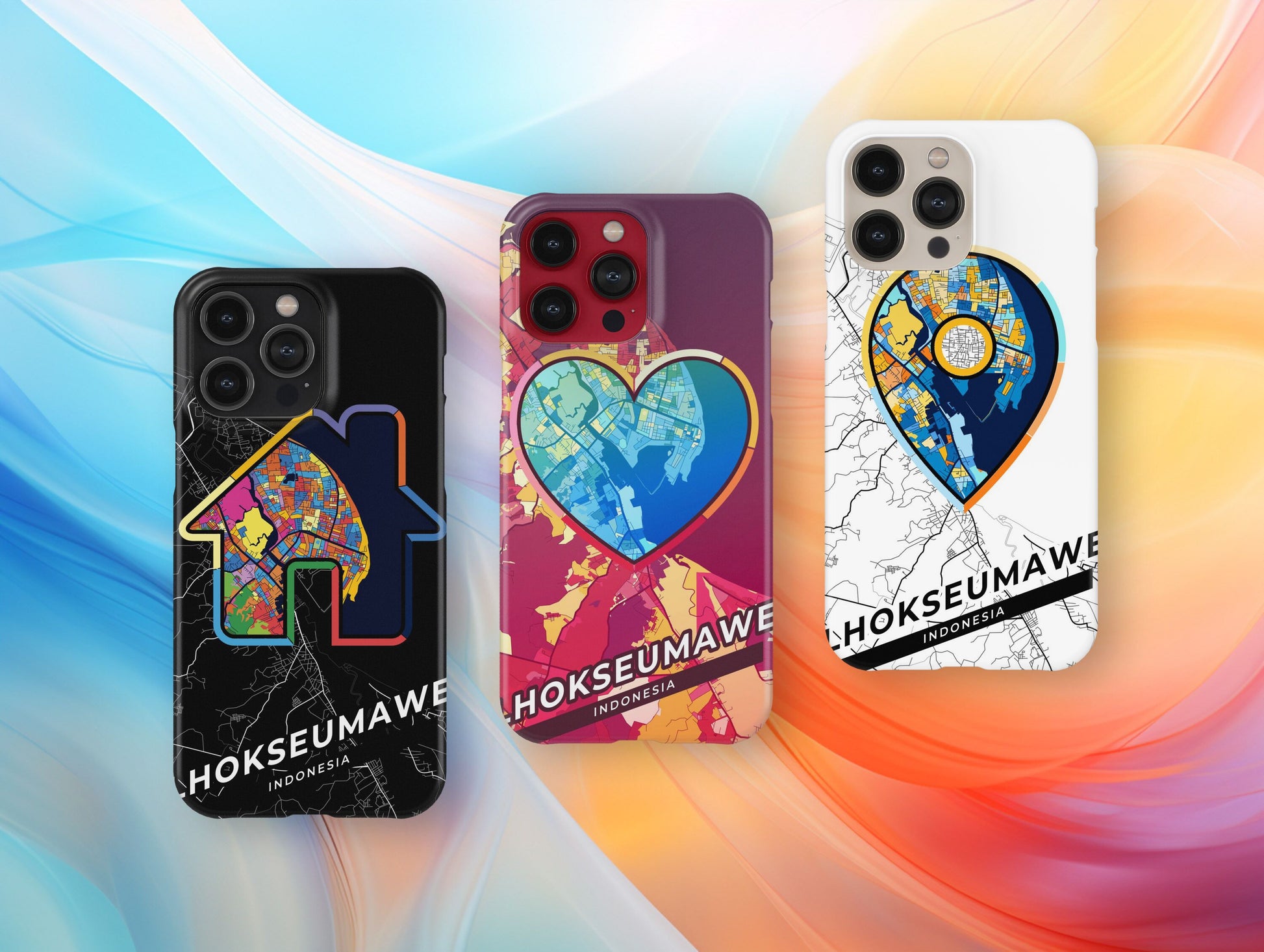 Lhokseumawe Indonesia slim phone case with colorful icon. Birthday, wedding or housewarming gift. Couple match cases.