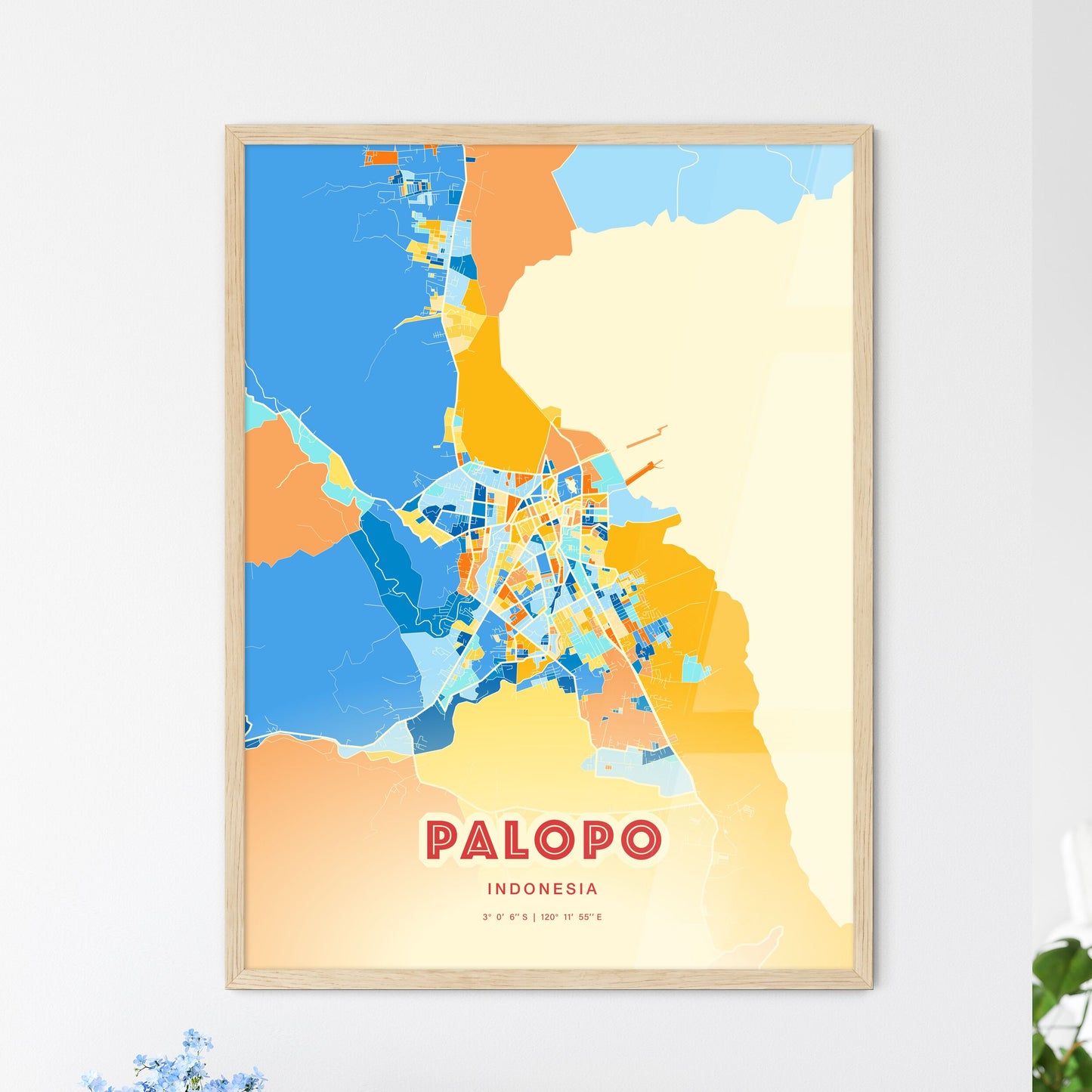 Colorful PALOPO INDONESIA Fine Art Map Blue Orange