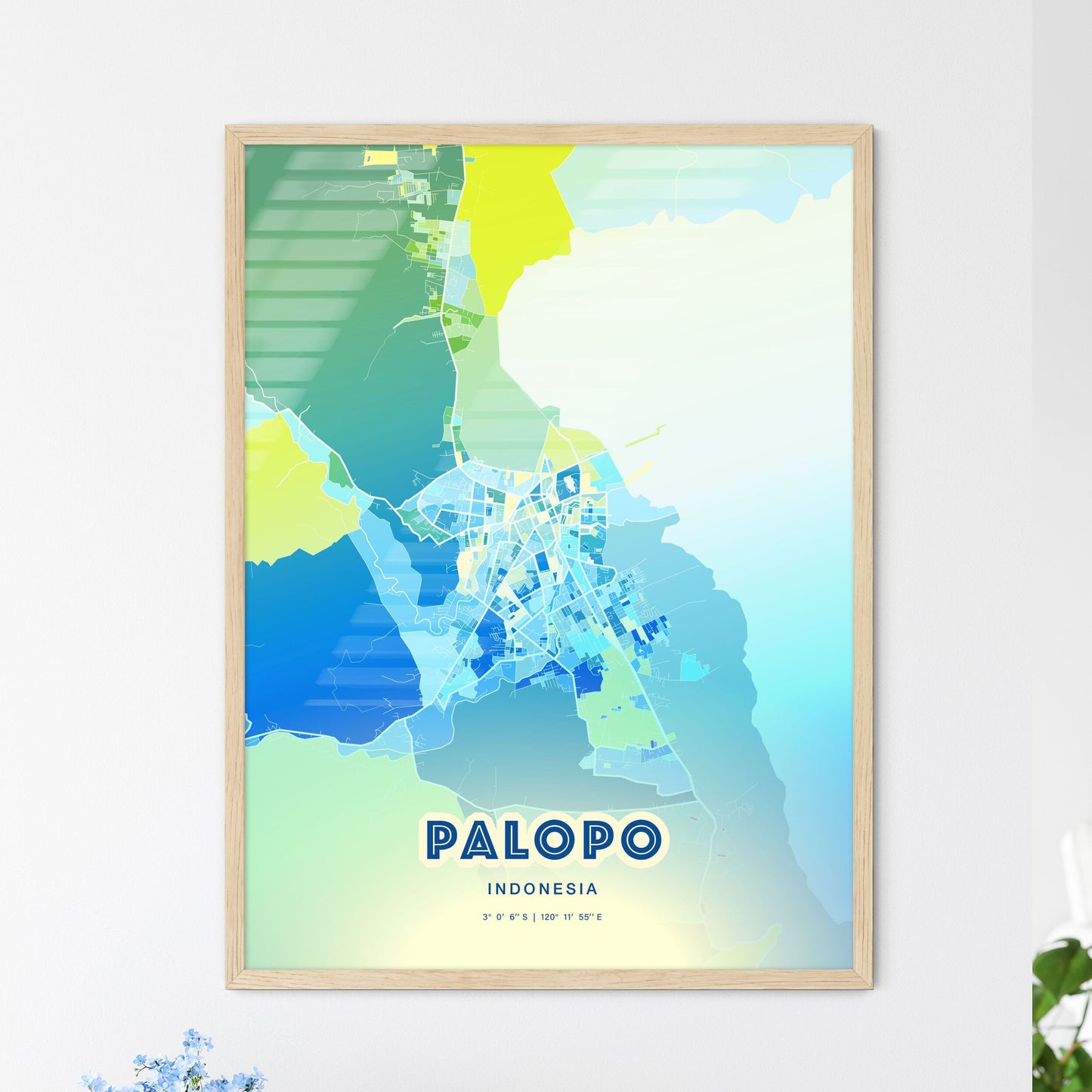 Colorful PALOPO INDONESIA Fine Art Map Cool Blue