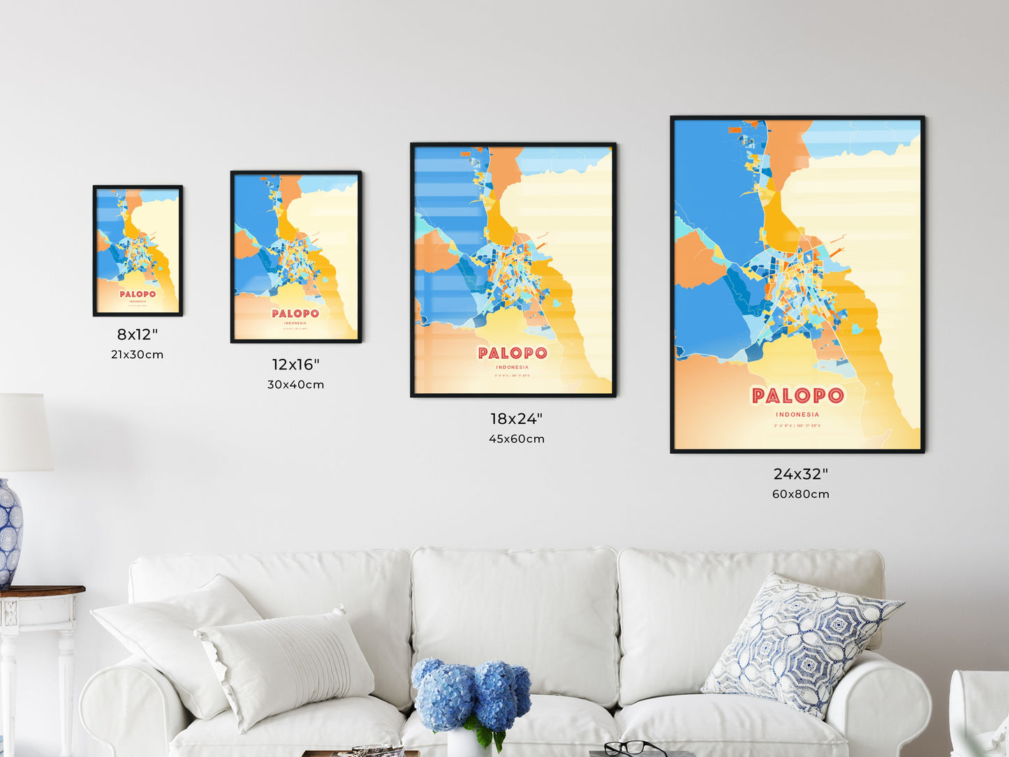 Colorful PALOPO INDONESIA Fine Art Map Blue Orange