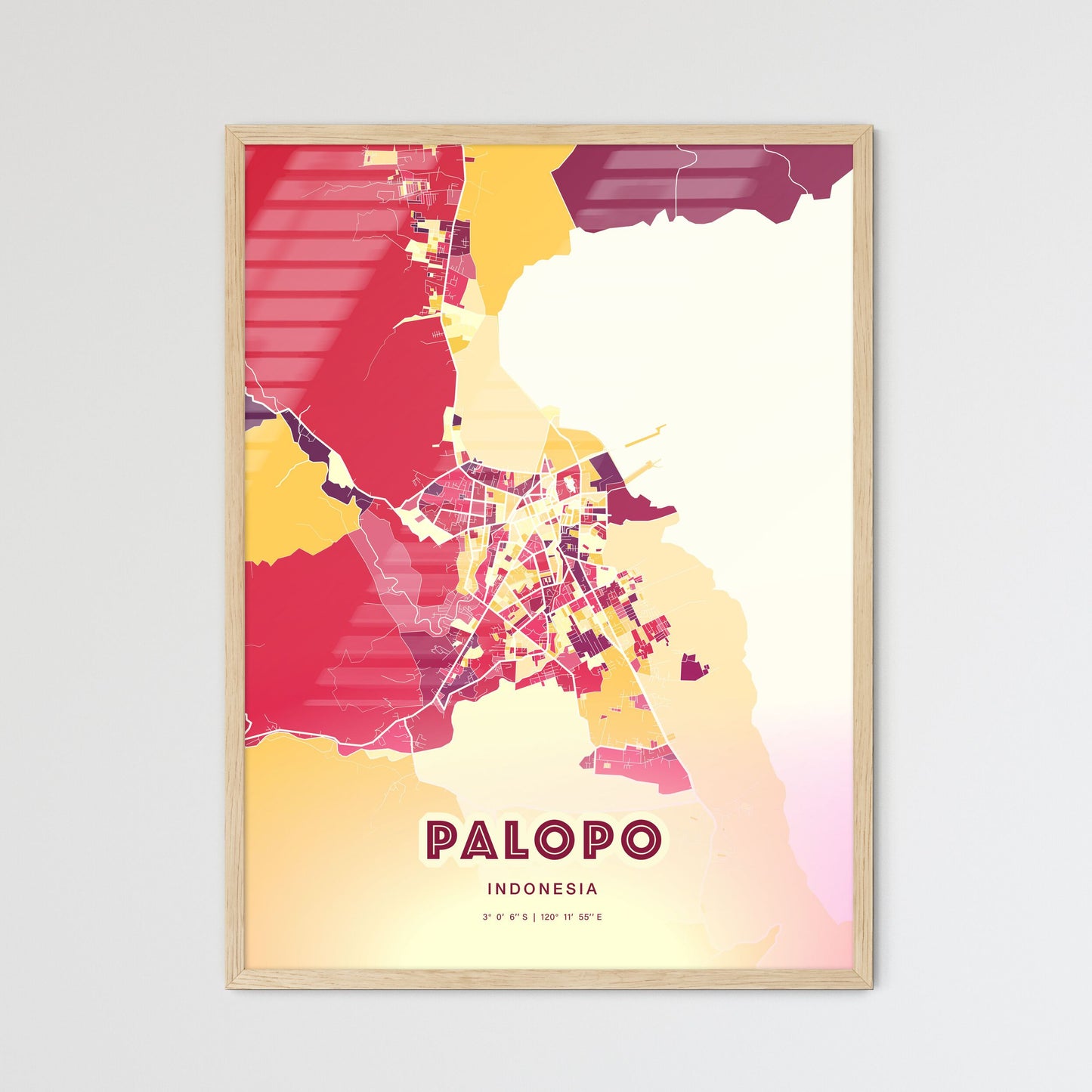 Colorful PALOPO INDONESIA Fine Art Map Hot Red