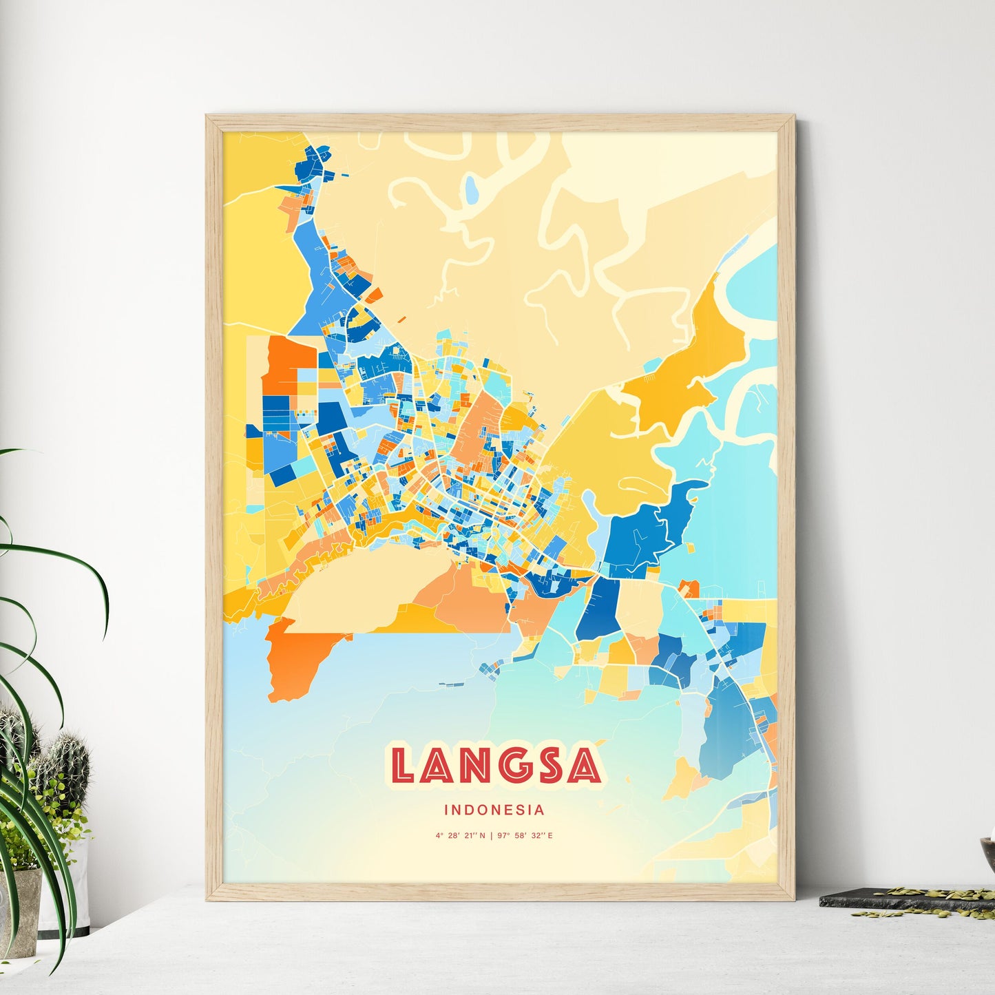 Colorful LANGSA INDONESIA Fine Art Map Blue Orange