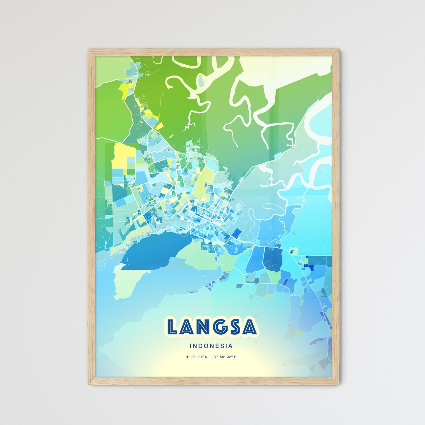 Colorful LANGSA INDONESIA Fine Art Map Cool Blue