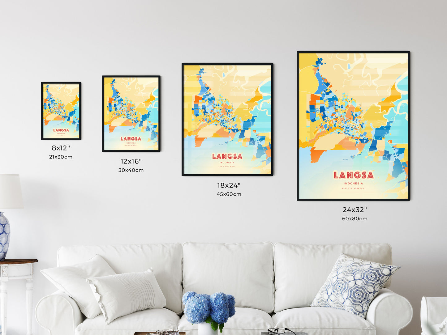 Colorful LANGSA INDONESIA Fine Art Map Blue Orange