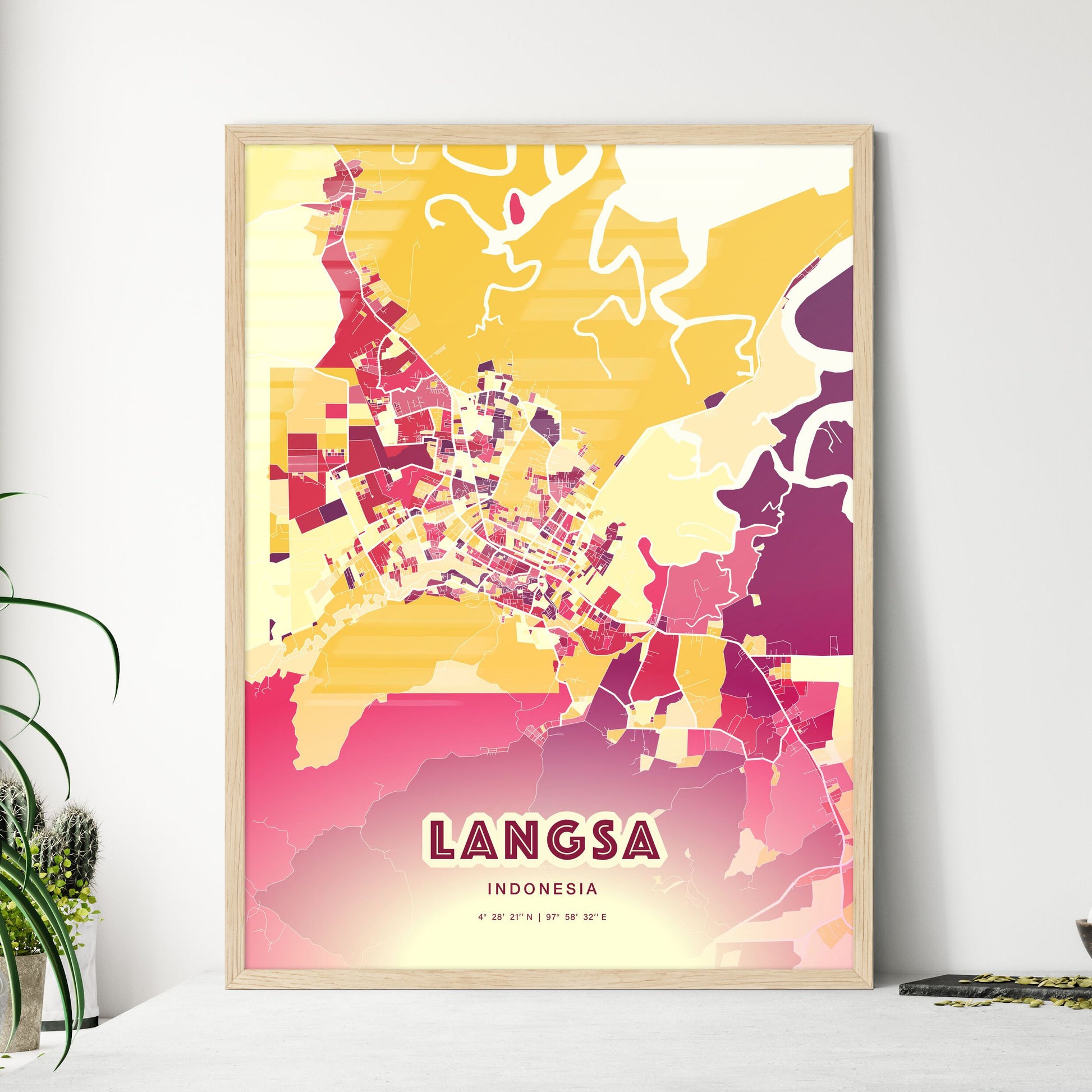 Colorful LANGSA INDONESIA Fine Art Map Hot Red