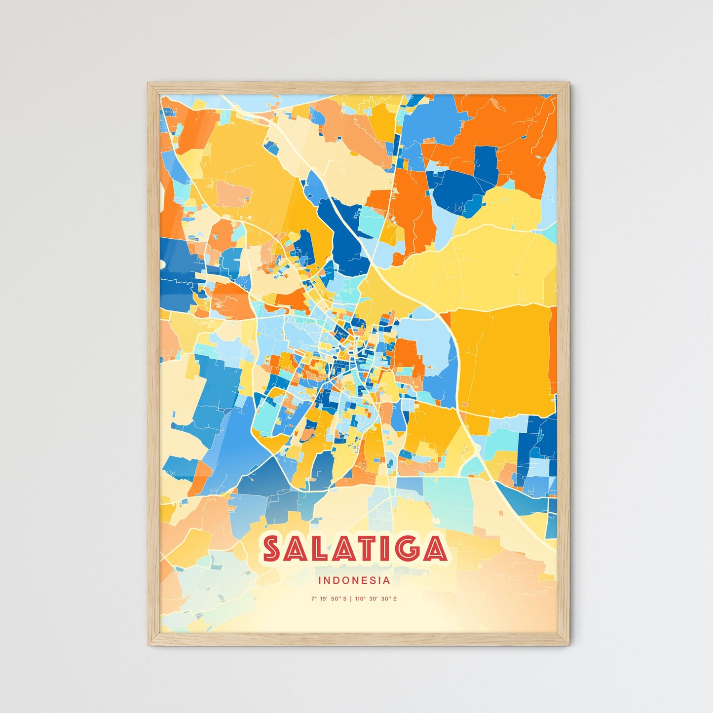 Colorful SALATIGA INDONESIA Fine Art Map Blue Orange