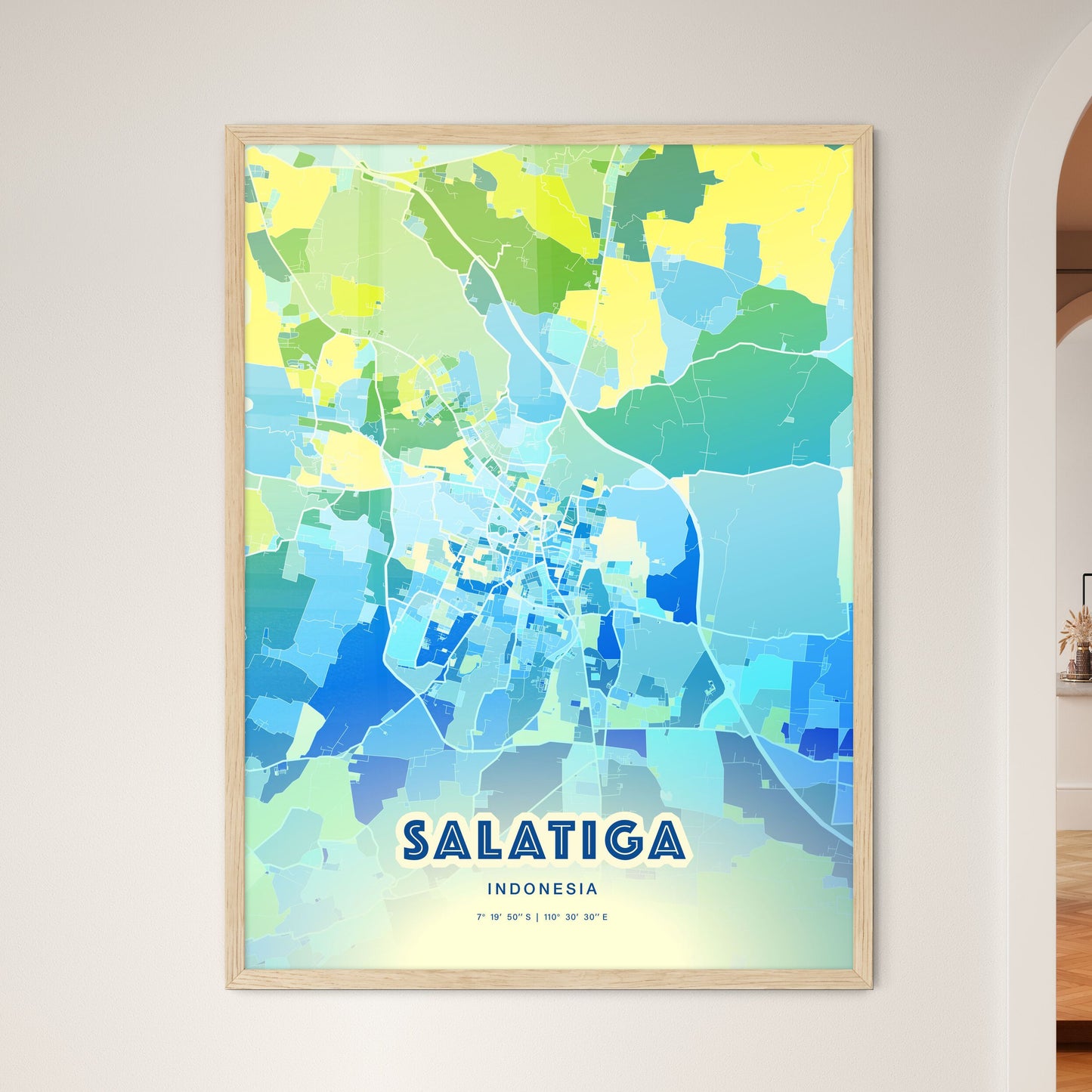 Colorful SALATIGA INDONESIA Fine Art Map Cool Blue