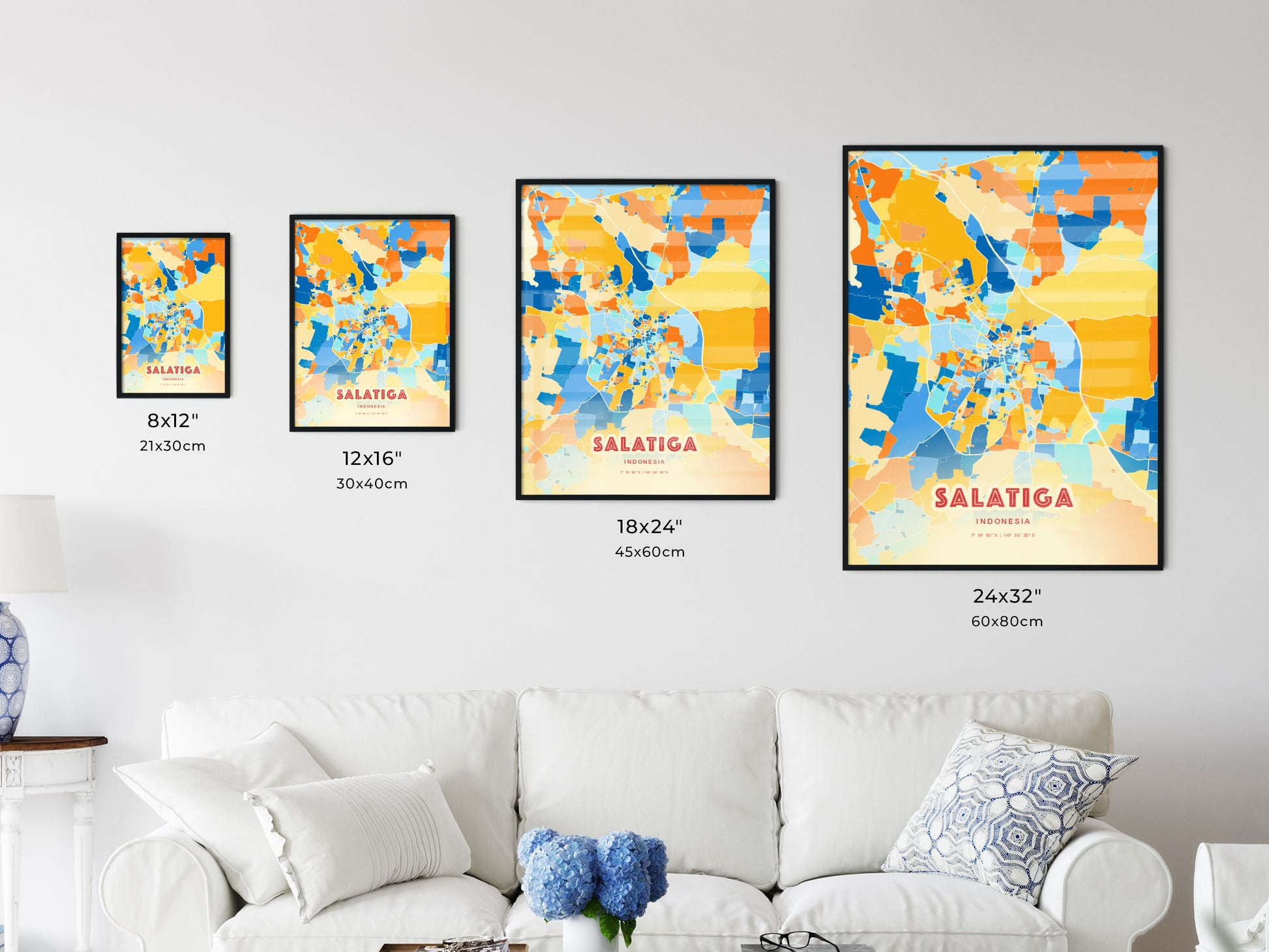 Colorful SALATIGA INDONESIA Fine Art Map Blue Orange