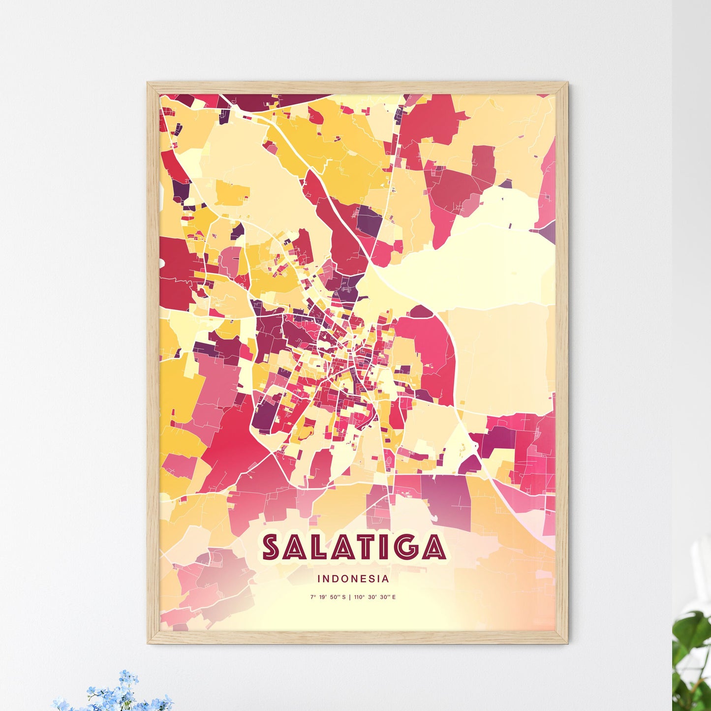 Colorful SALATIGA INDONESIA Fine Art Map Hot Red