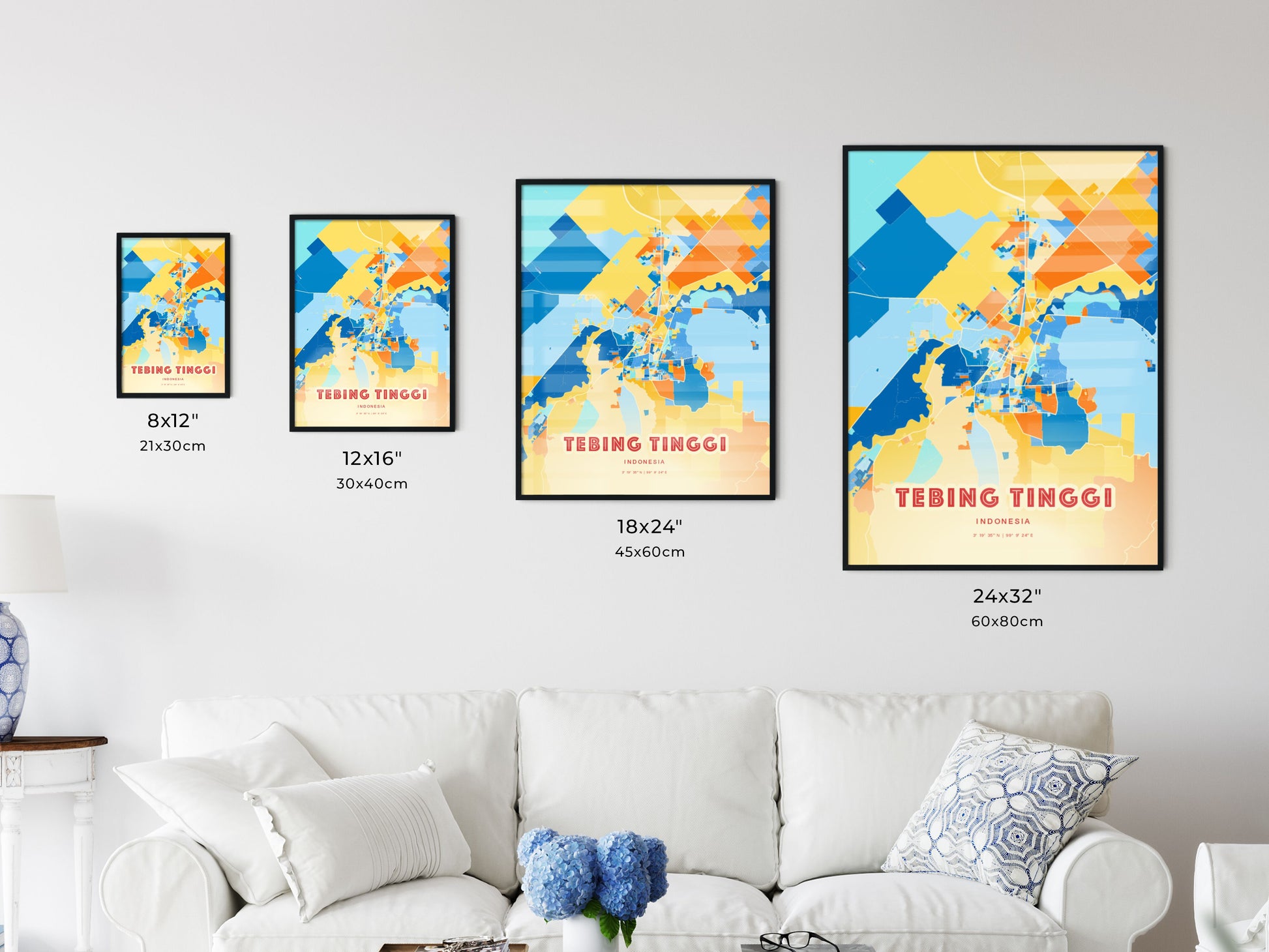 Colorful TEBING TINGGI INDONESIA Fine Art Map Blue Orange