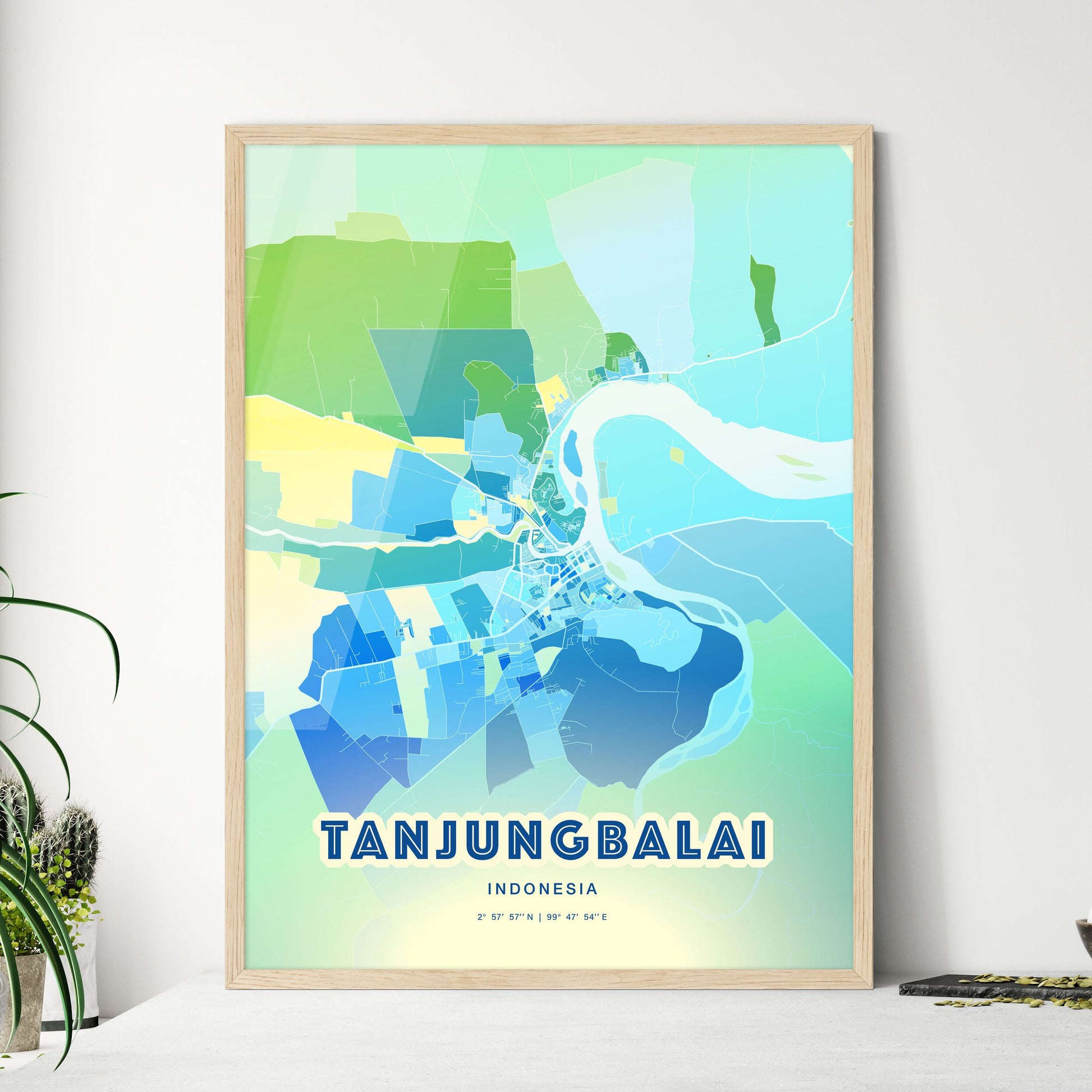 Colorful TANJUNGBALAI INDONESIA Fine Art Map Cool Blue