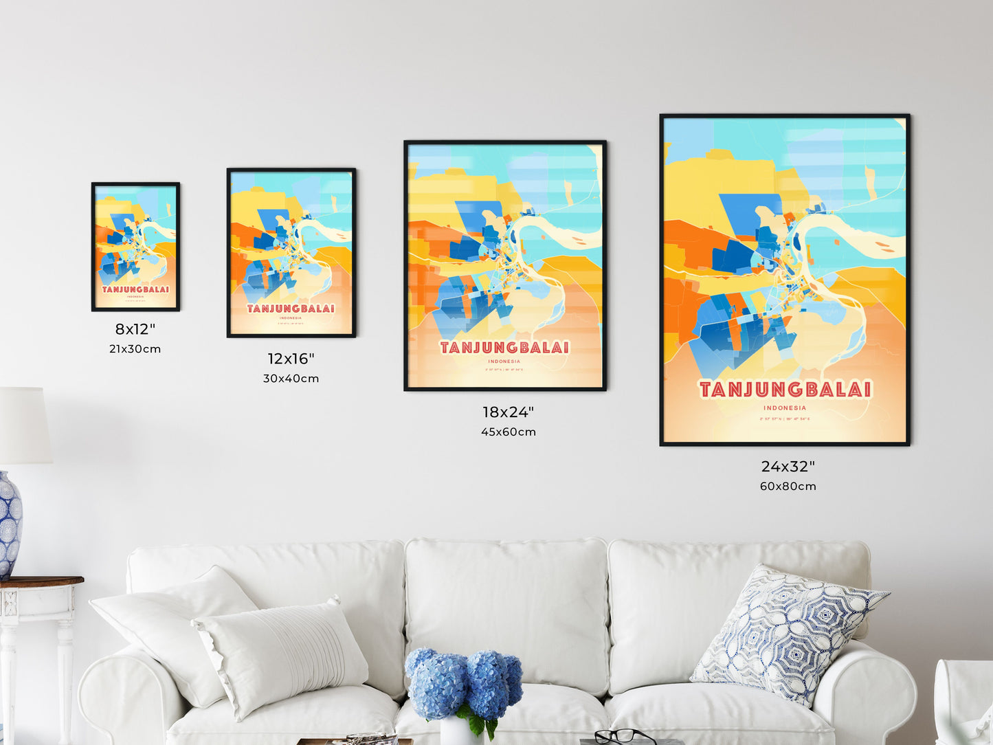 Colorful TANJUNGBALAI INDONESIA Fine Art Map Blue Orange