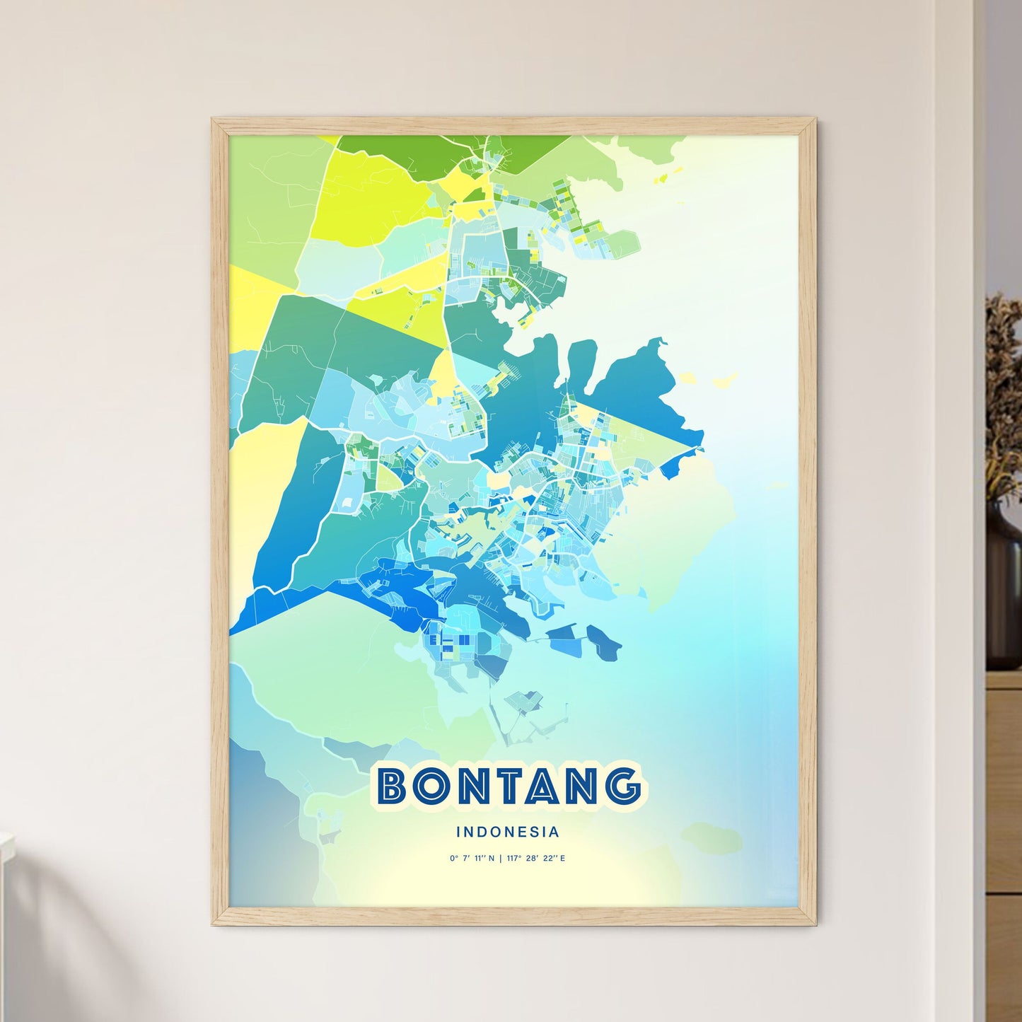 Colorful BONTANG INDONESIA Fine Art Map Cool Blue