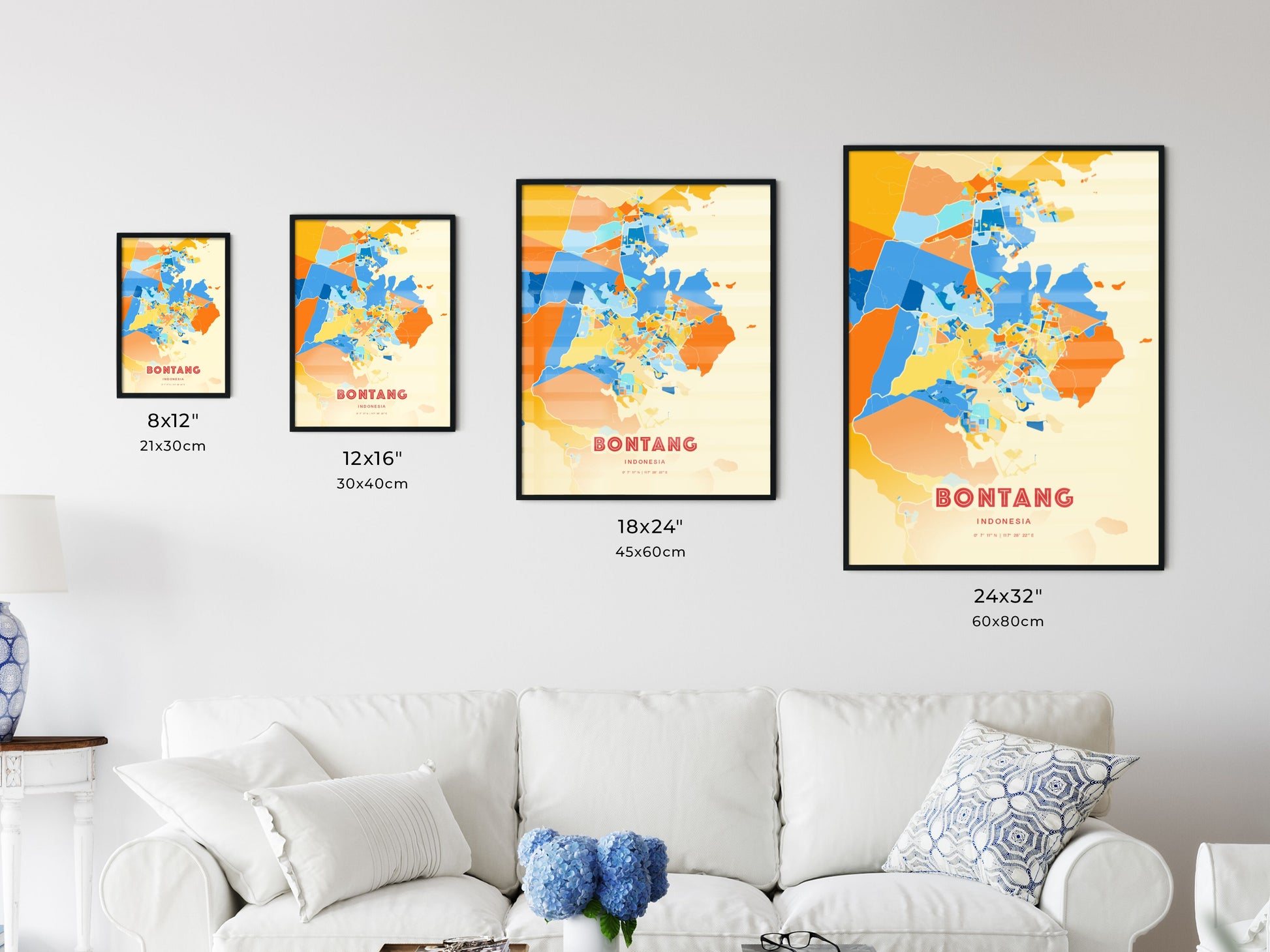 Colorful BONTANG INDONESIA Fine Art Map Blue Orange